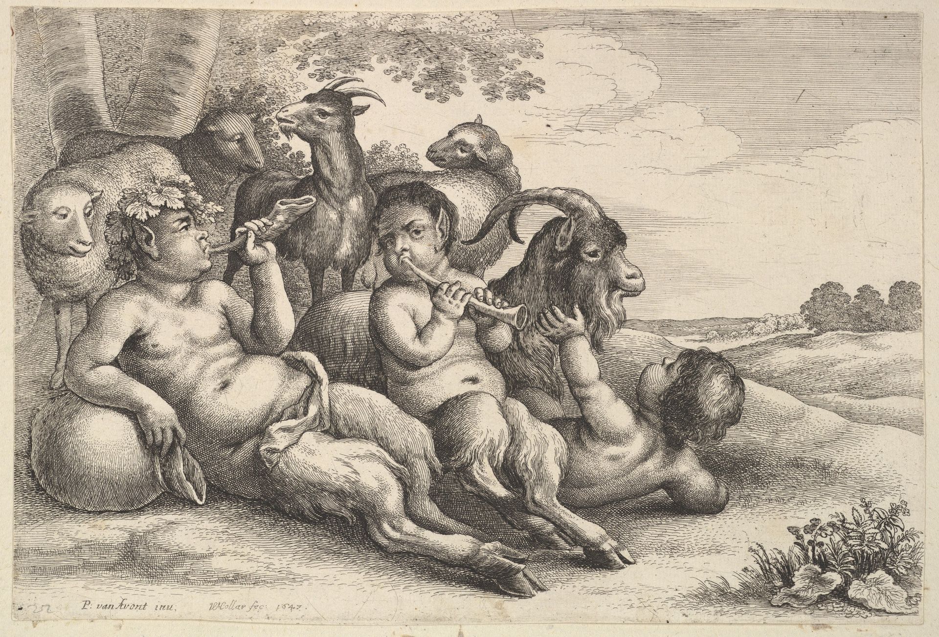 Two young satyrs and a boy by Wenceslaus Hollar