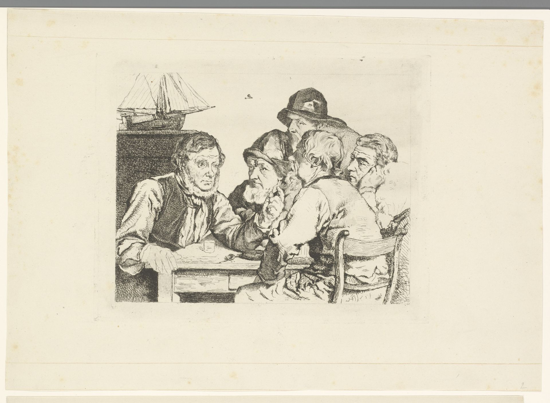 Zeelieden gezeten aan tafel luisterend naar een van hen by Piet Verhaert