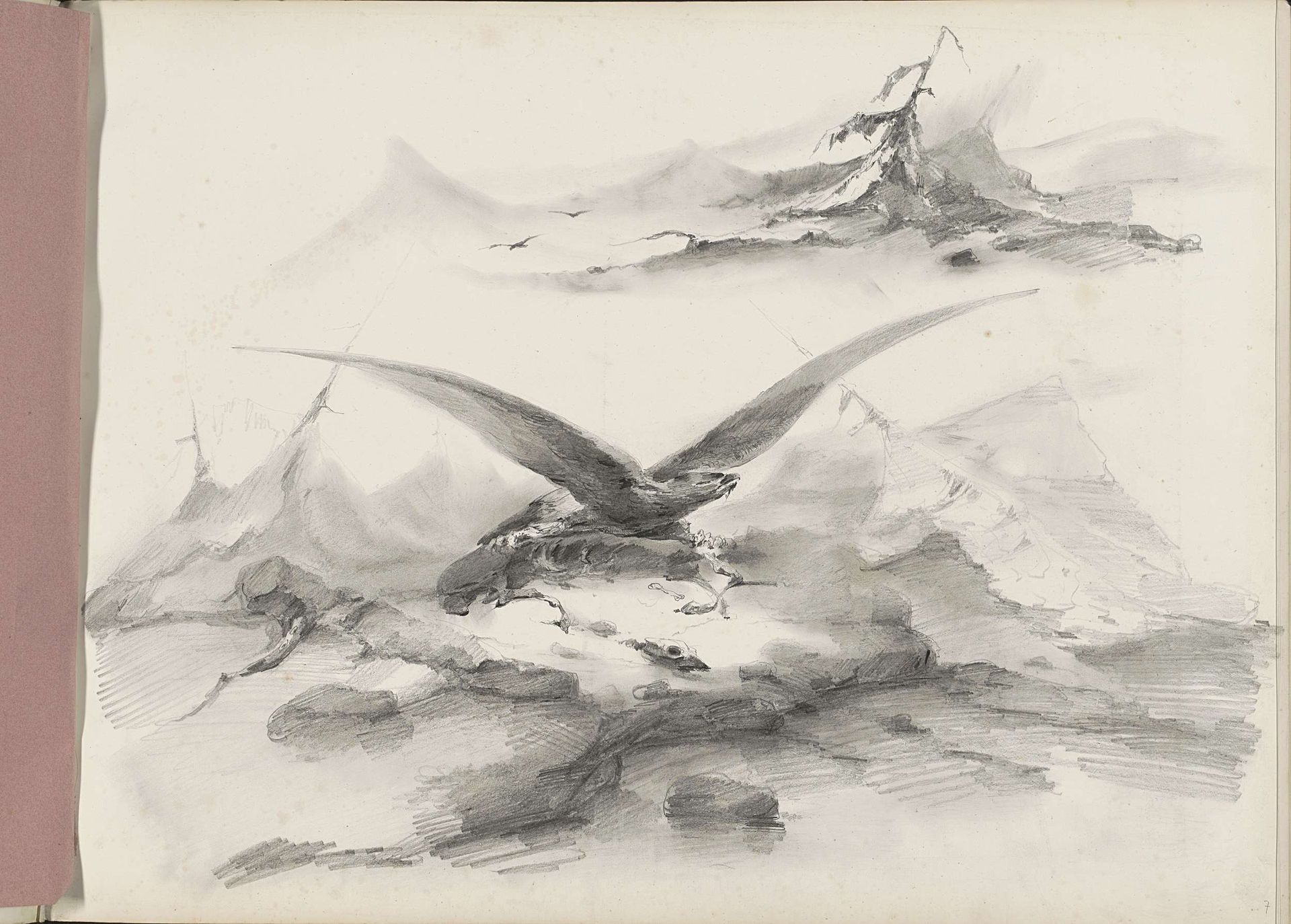 Arend vliegend boven een kust met bergen by Albertus van Beest