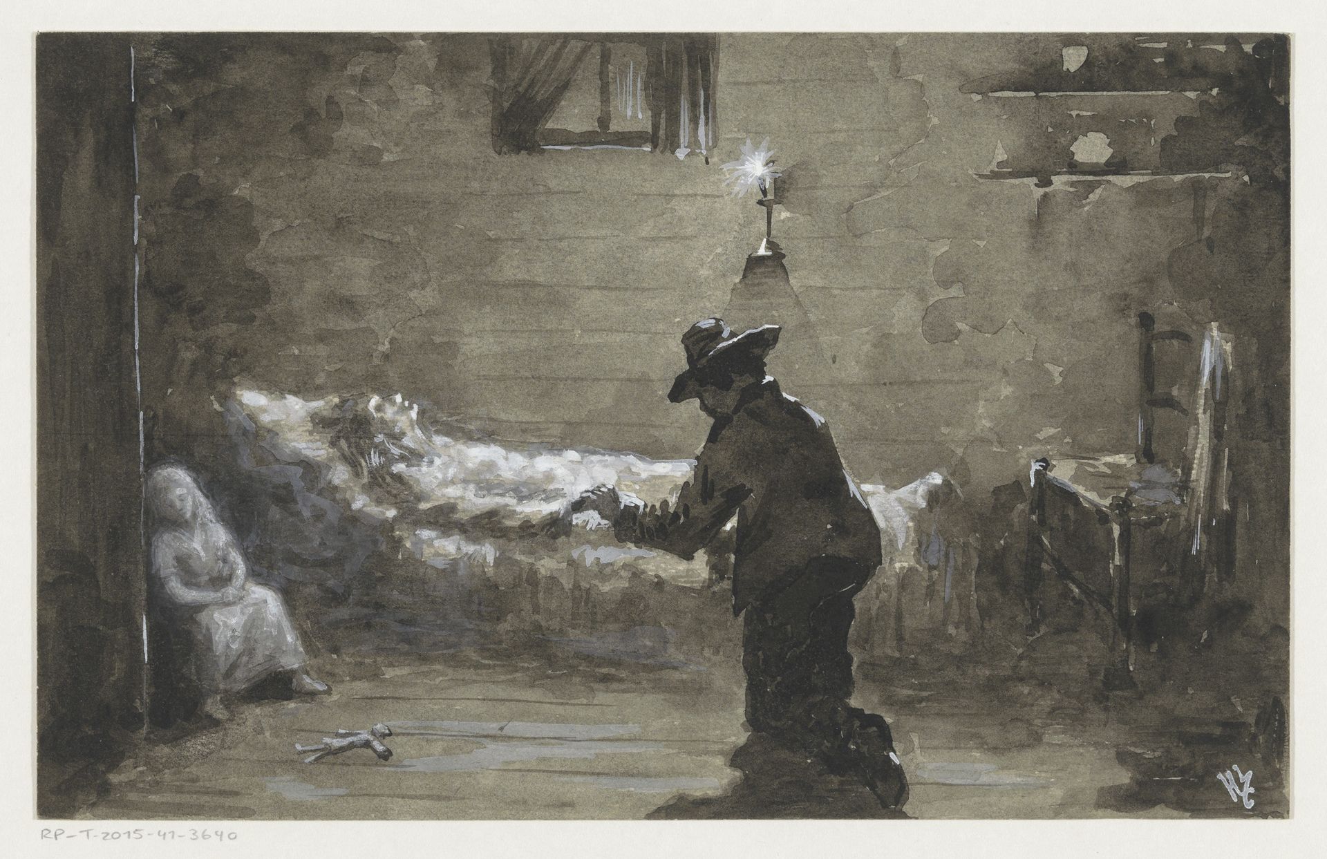 Man knielt bij het bed van een vrouw by H.C. Louwerse