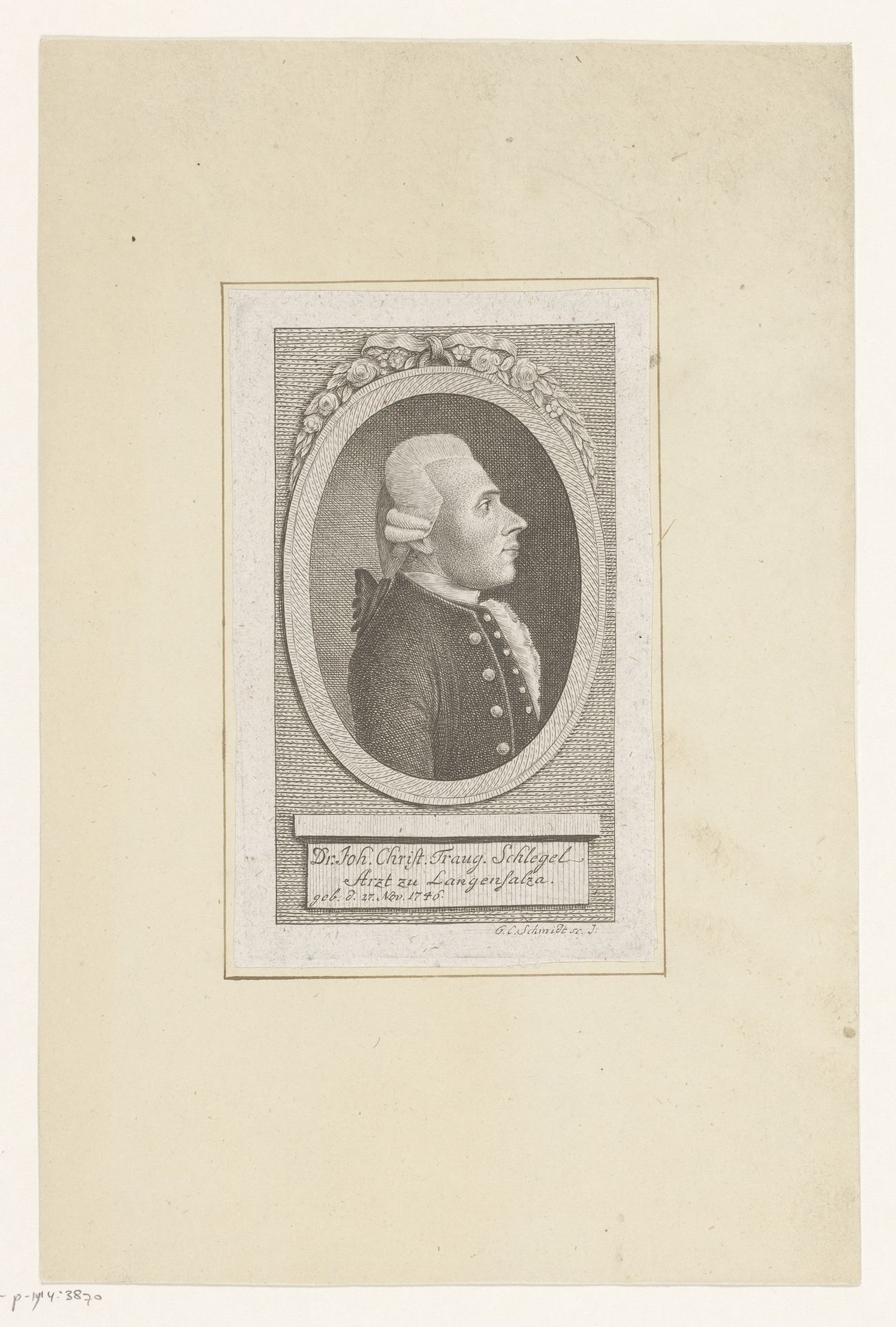 Portret van Johann Christian Traugott Schlegel by Georg Christoph Schmidt