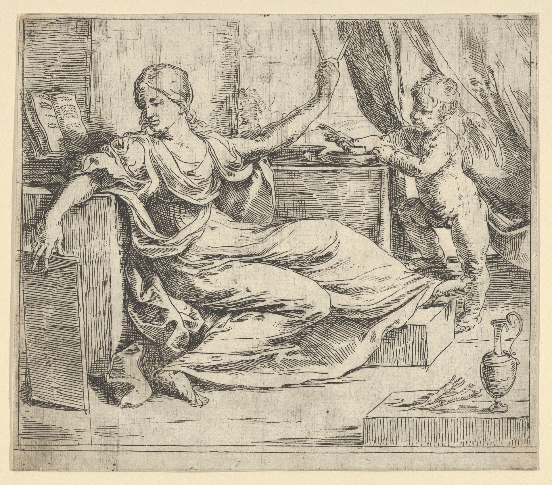 Seated woman holding a tablet and compass (allegory of learning), a winged putto at right by Guido Reni