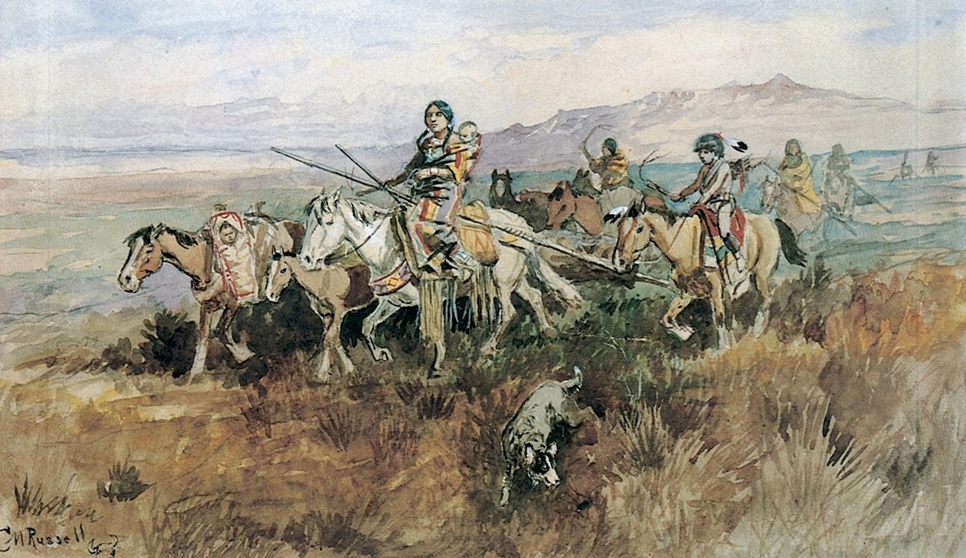 Indian Woman Moving Camp with Travois by Charles M. Russell