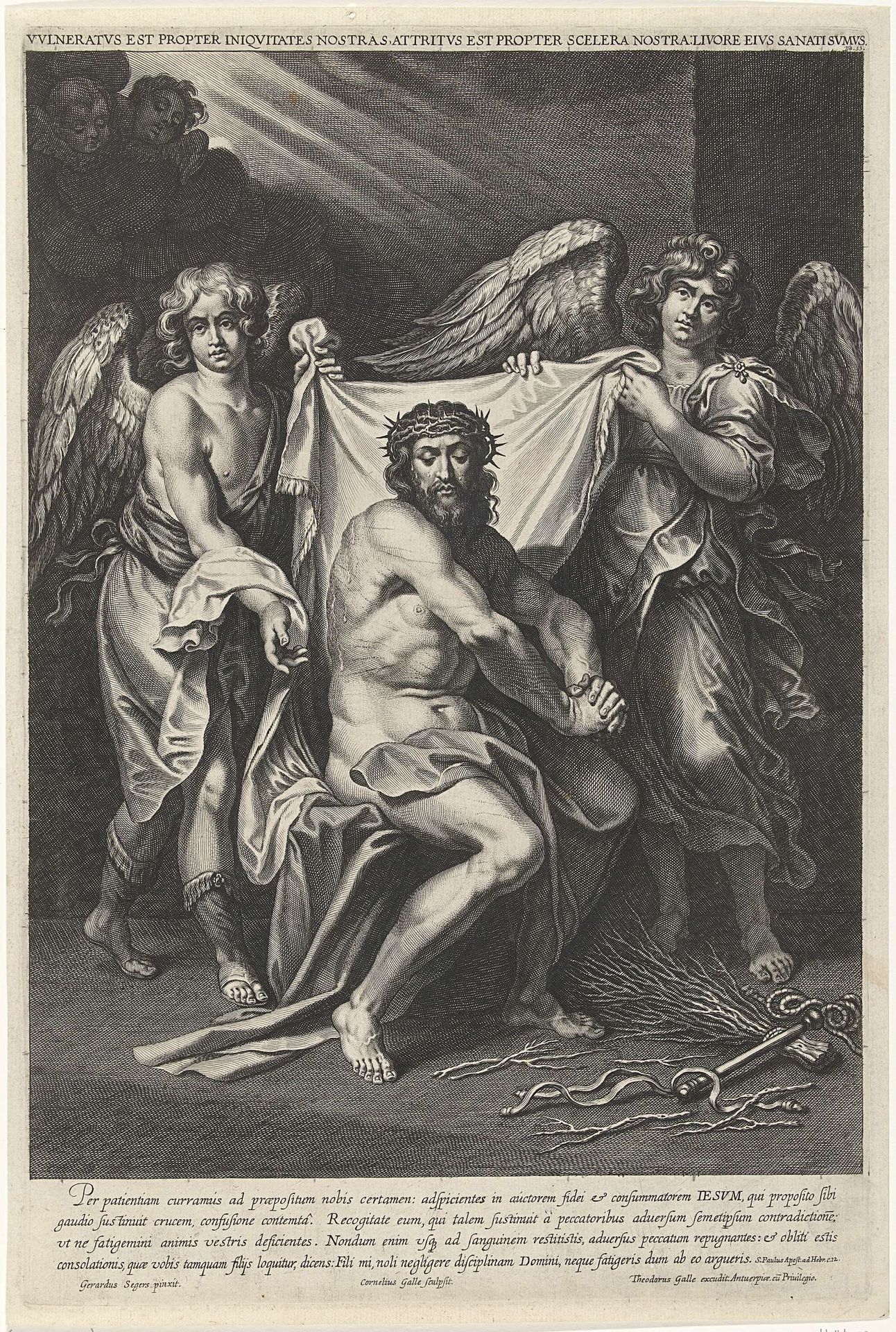 Christus als Man van Smarten met twee engelen en twee cherubijnen by Cornelis Galle I