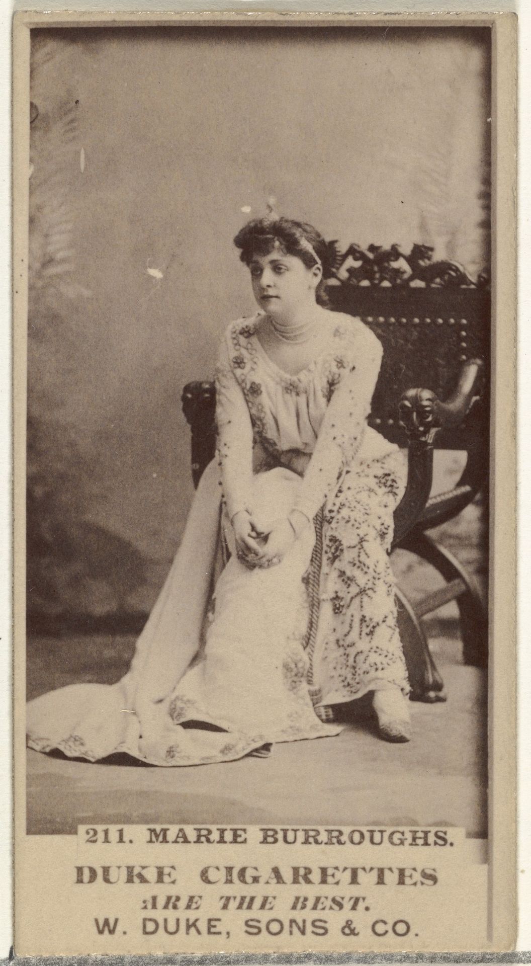 Card Number 211, Marie Burroughs, from the Actors and Actresses series (N145-7) issued by Duke Sons & Co. to promote Duke Cigarettes by W. Duke, Sons & Co.