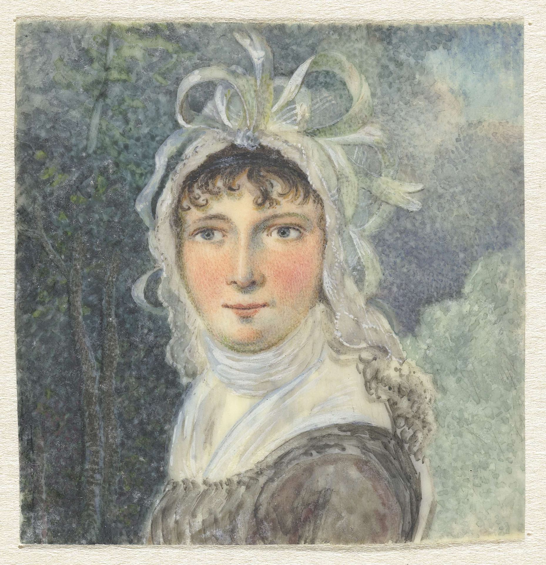 Vrouwenportret met een muts met strikken by Pieter Gerardus van Os