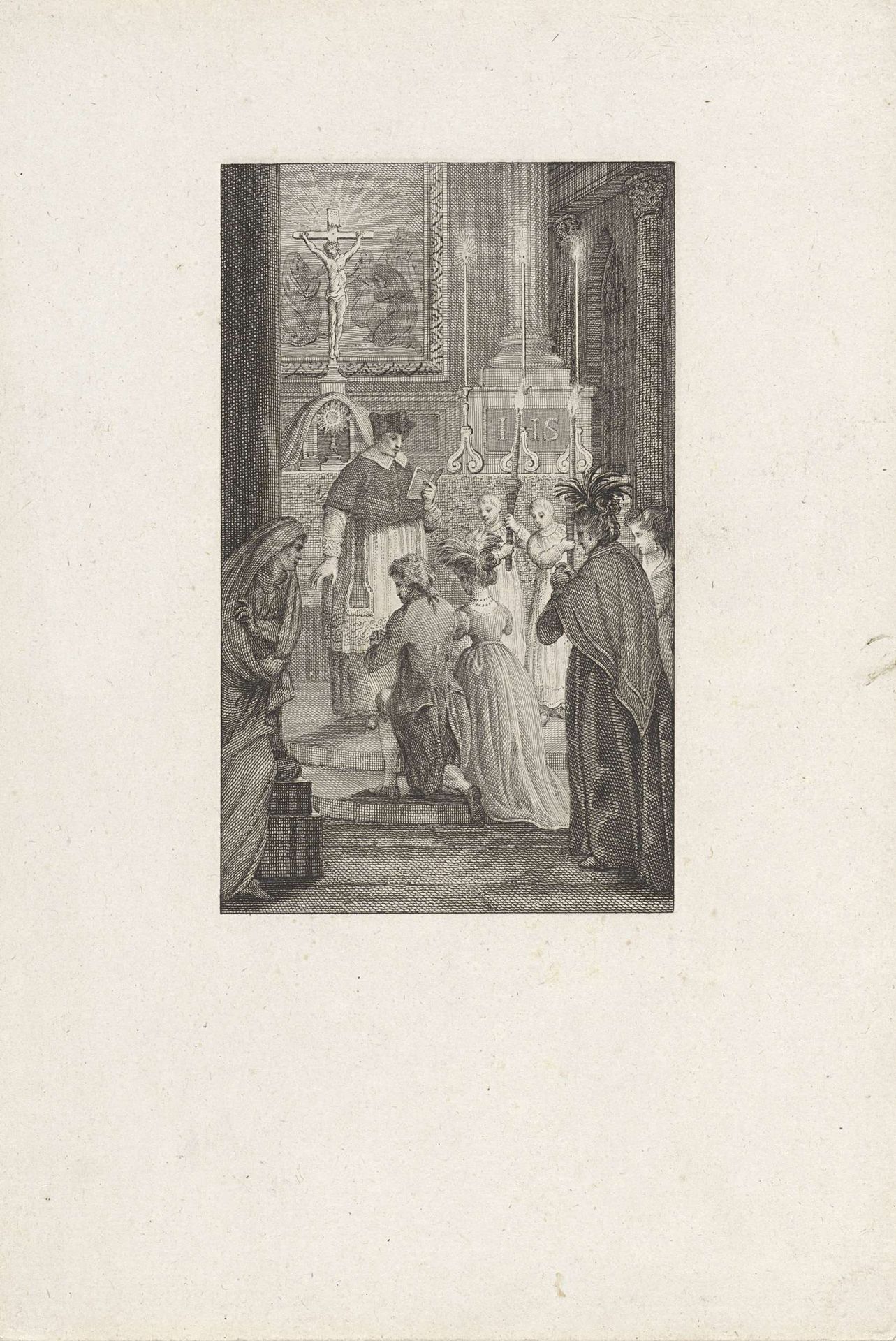 Inzegening van een huwelijk in een kerk by Reinier Vinkeles