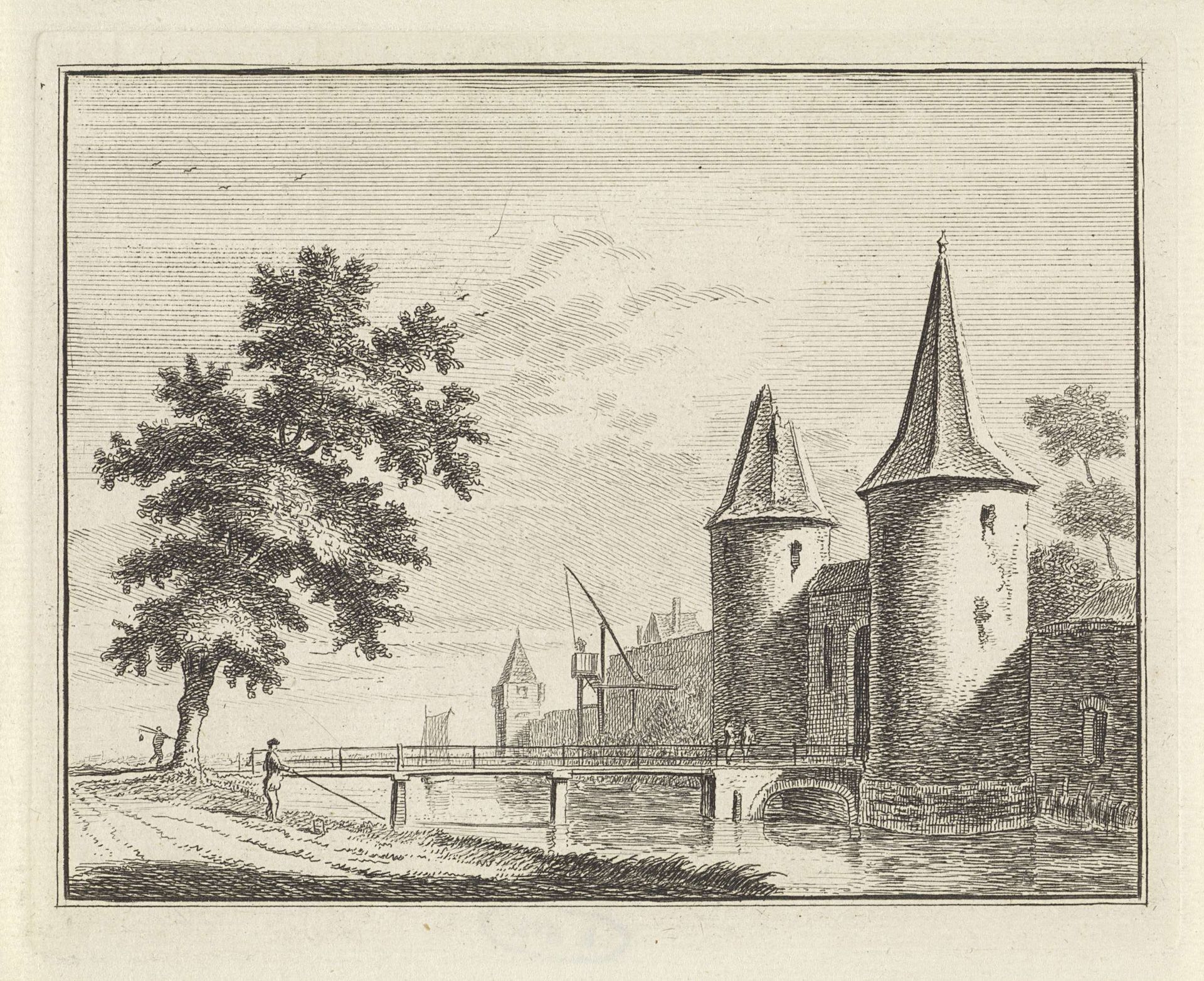 Rivierlandschap met een stadspoort by Hendrik Spilman