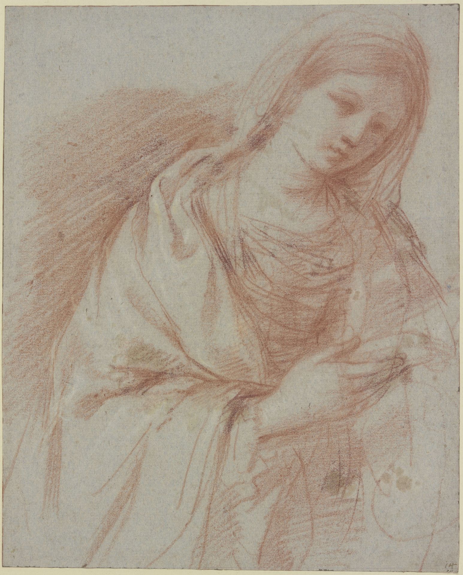 Junge Frau, mit erhobener Rechter leicht nach rechts geneigt by Guercino (Giovanni Francesco Barbieri)