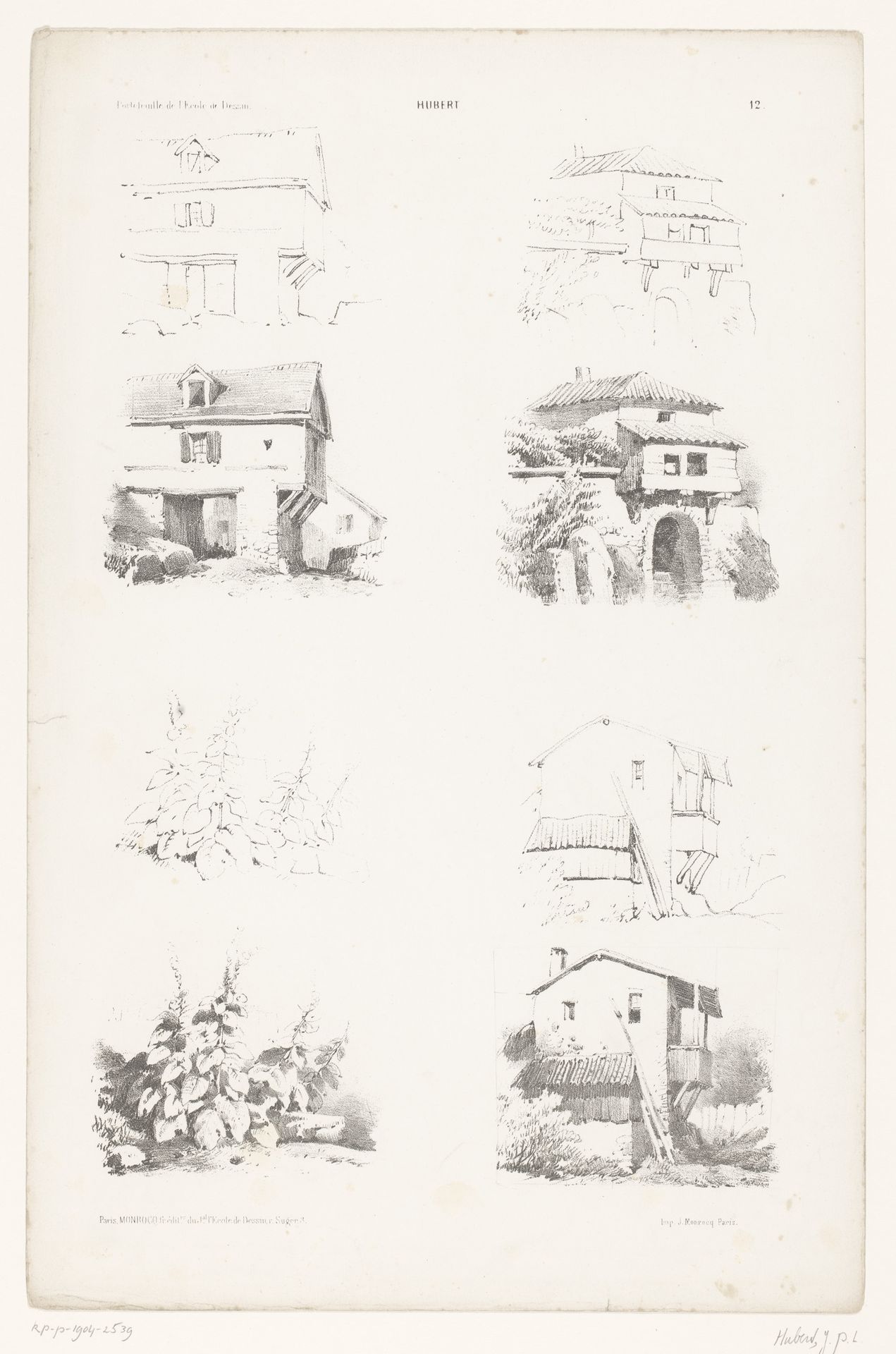 Vier voorstellingen met planten en huizen in twee tekenstappen by Jean Baptiste Louis Hubert