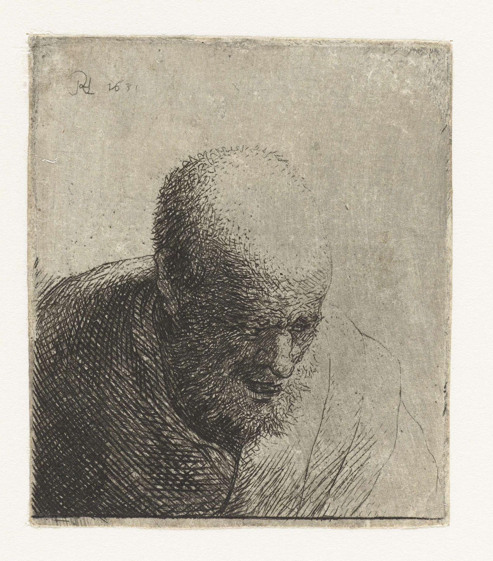 Bald man with open mouth, looking down: bust by Rembrandt van Rijn