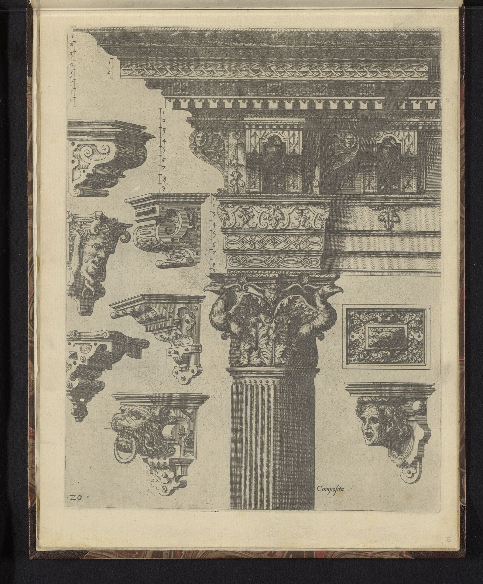Composiet hoofdgestel, een metope en zeven consoles by Johannes of Lucas van Doetechum