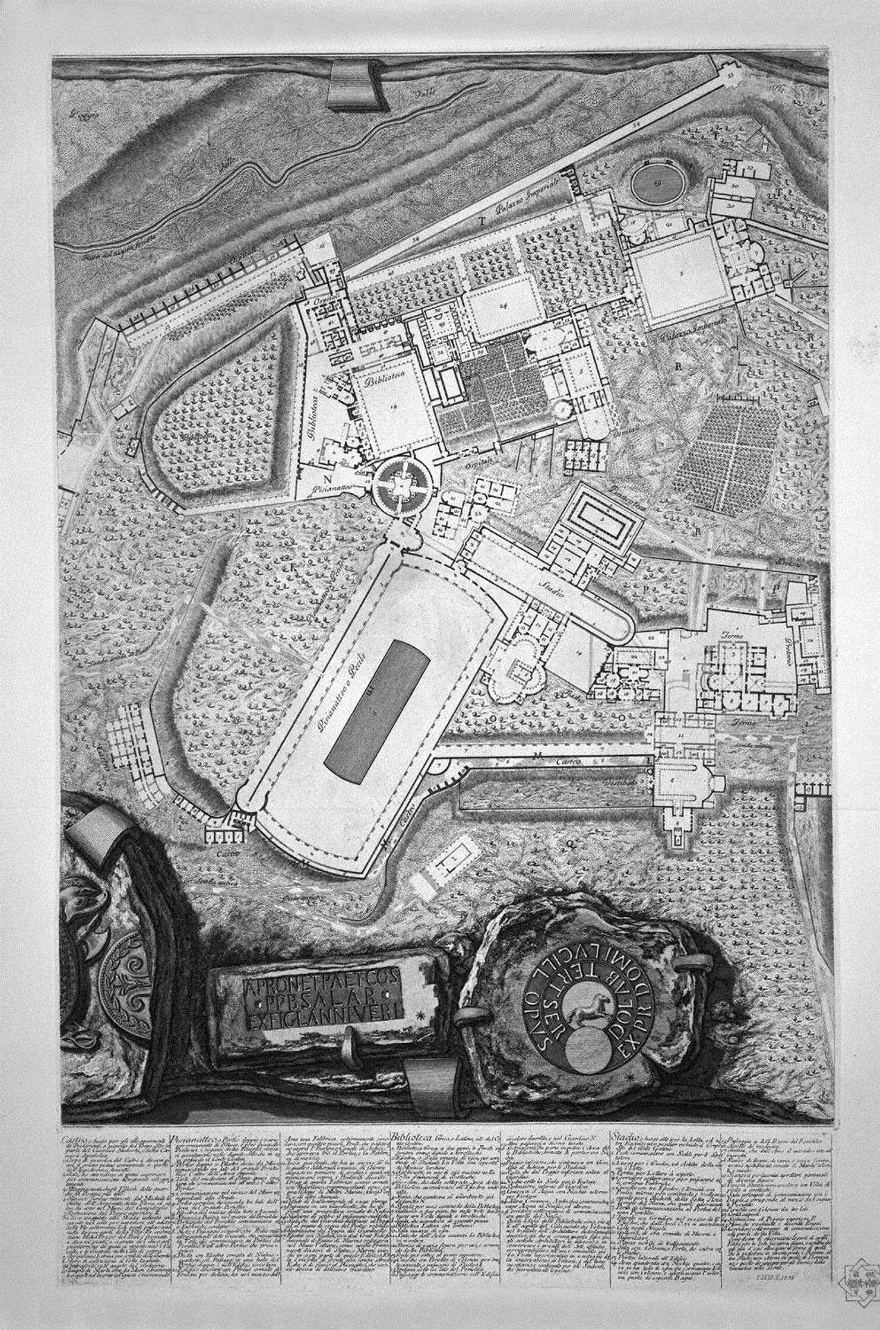 Plan of the existing factories in the Villa Adriana, with a dedication to St. M Stanislaus Augustus, King of Poland by Giovanni Battista Piranesi