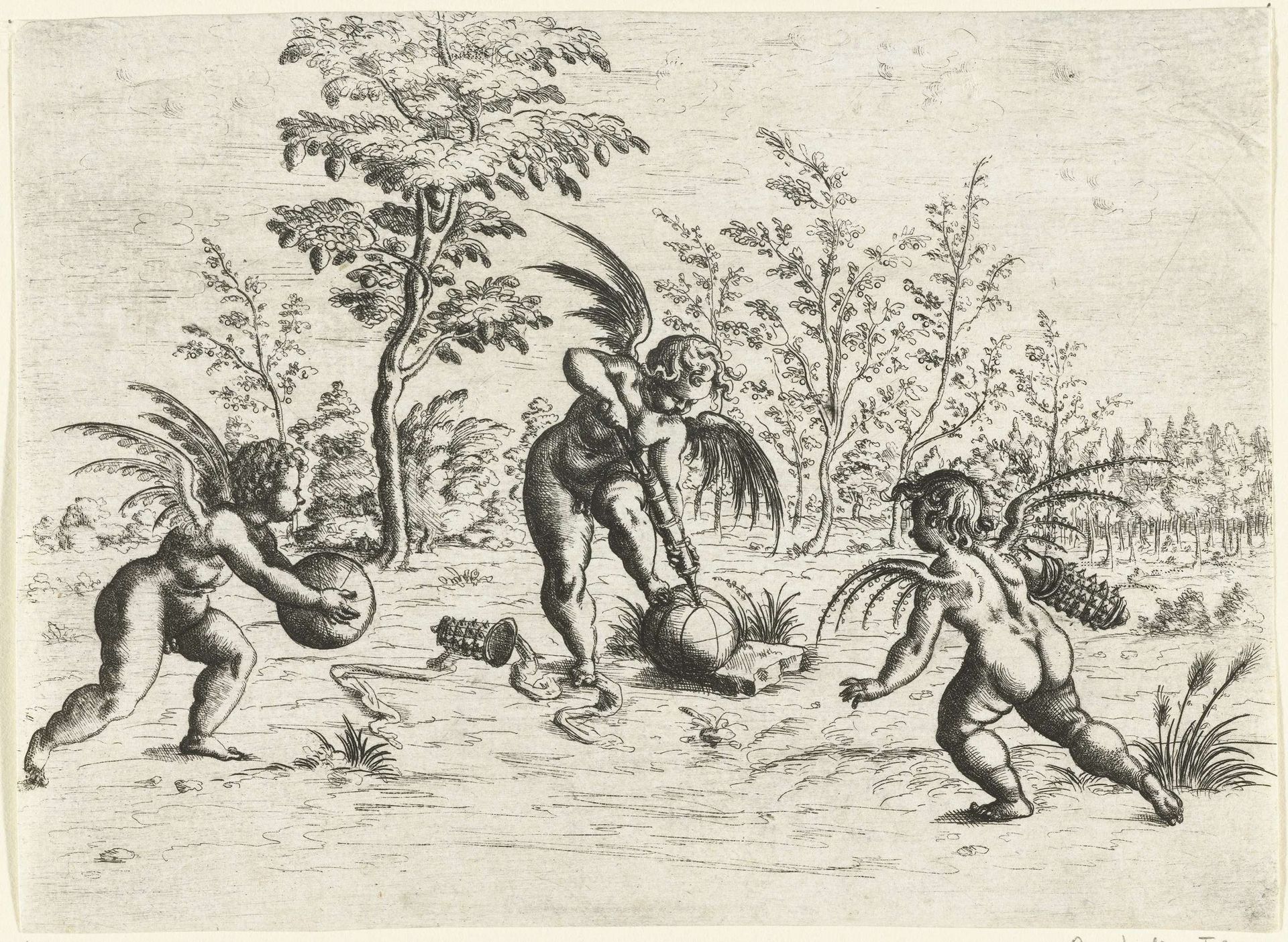Landschap met drie putti die een balspel spelen by Christoph Jamnitzer