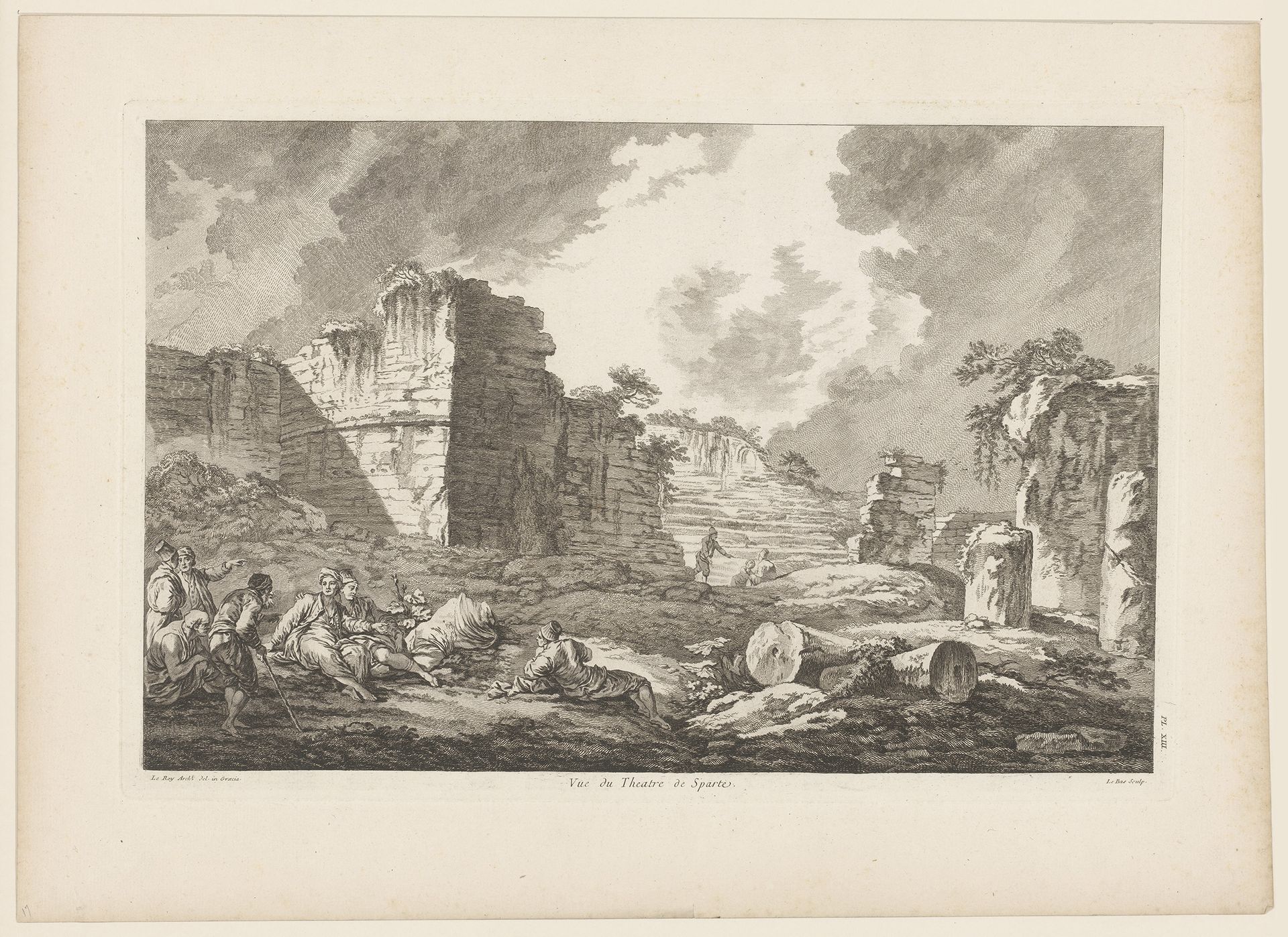 Gezicht op de ruïne van het Theater van Sparta by Jacques Philippe Le Bas