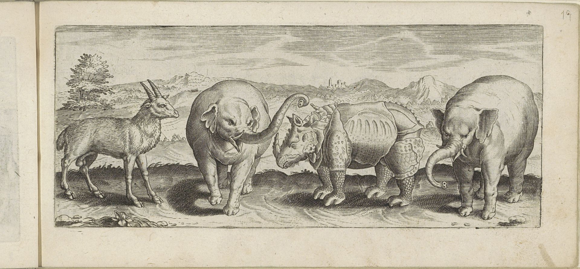 Gazelle, olifanten en neushoorn in een landschap by Marcus (I) Gheeraerts