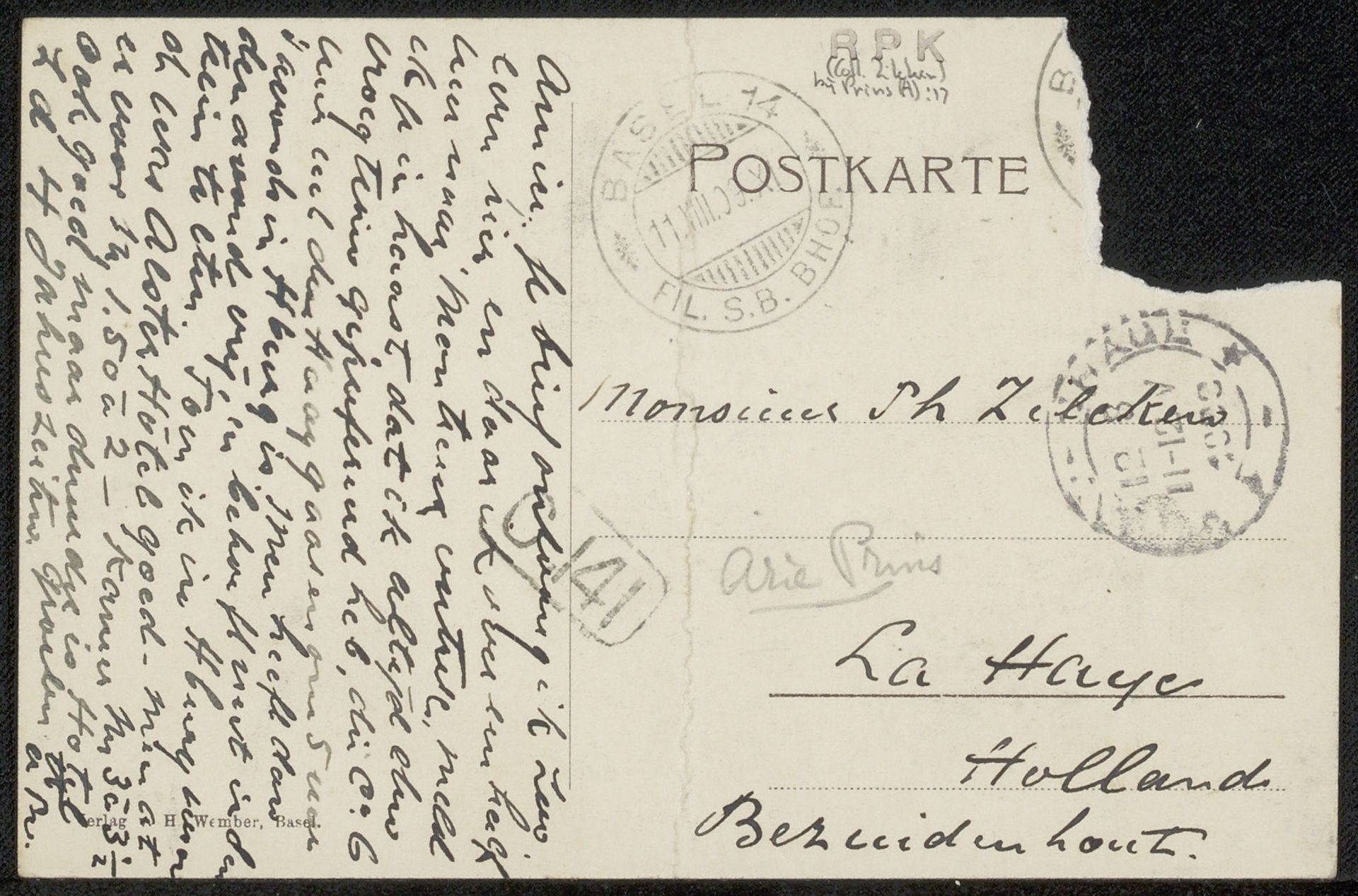 Prentbriefkaart aan Philip Zilcken by Arij Prins
