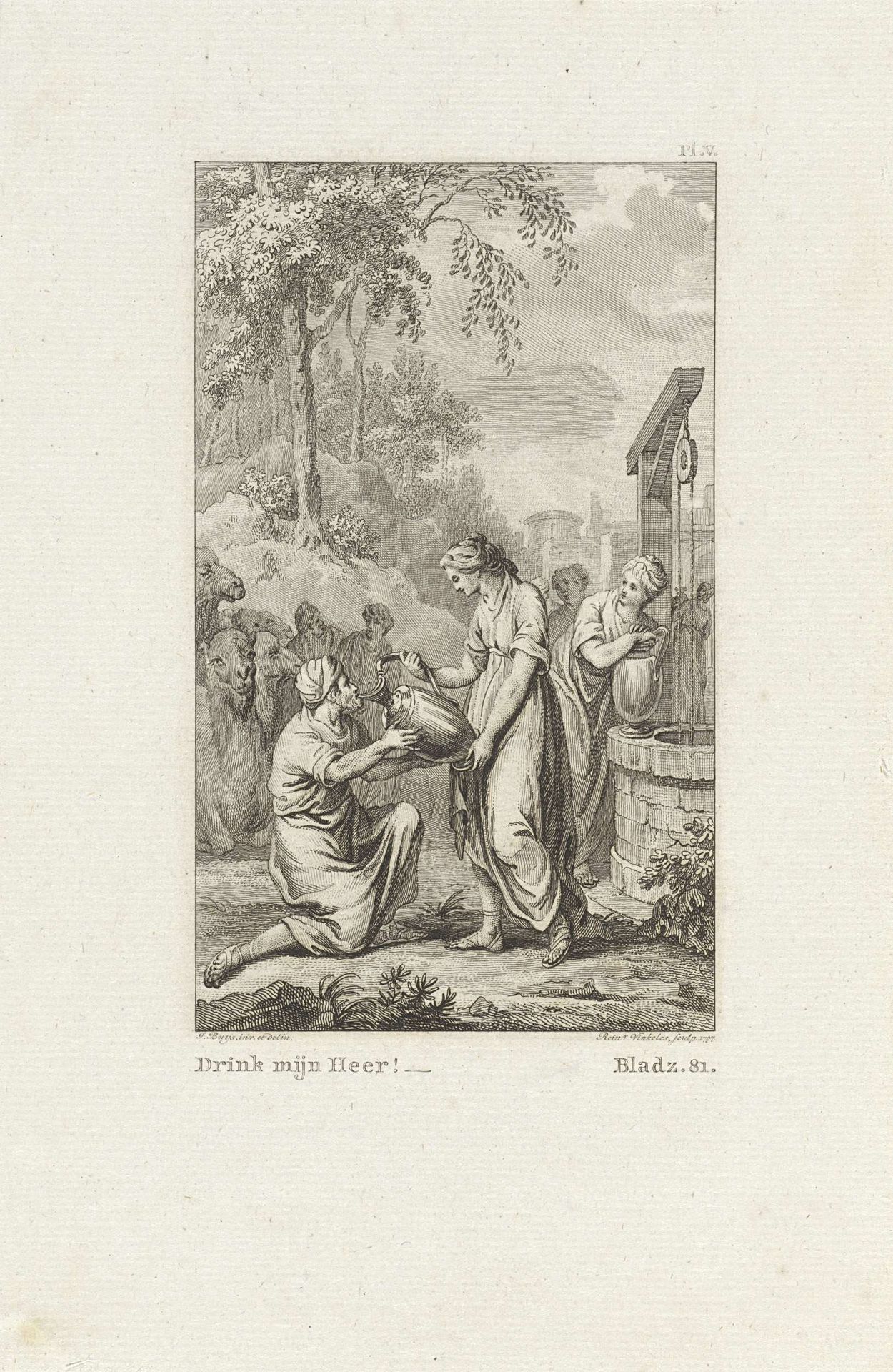 Rebekka en Eliëzer bij de bron by Reinier Vinkeles
