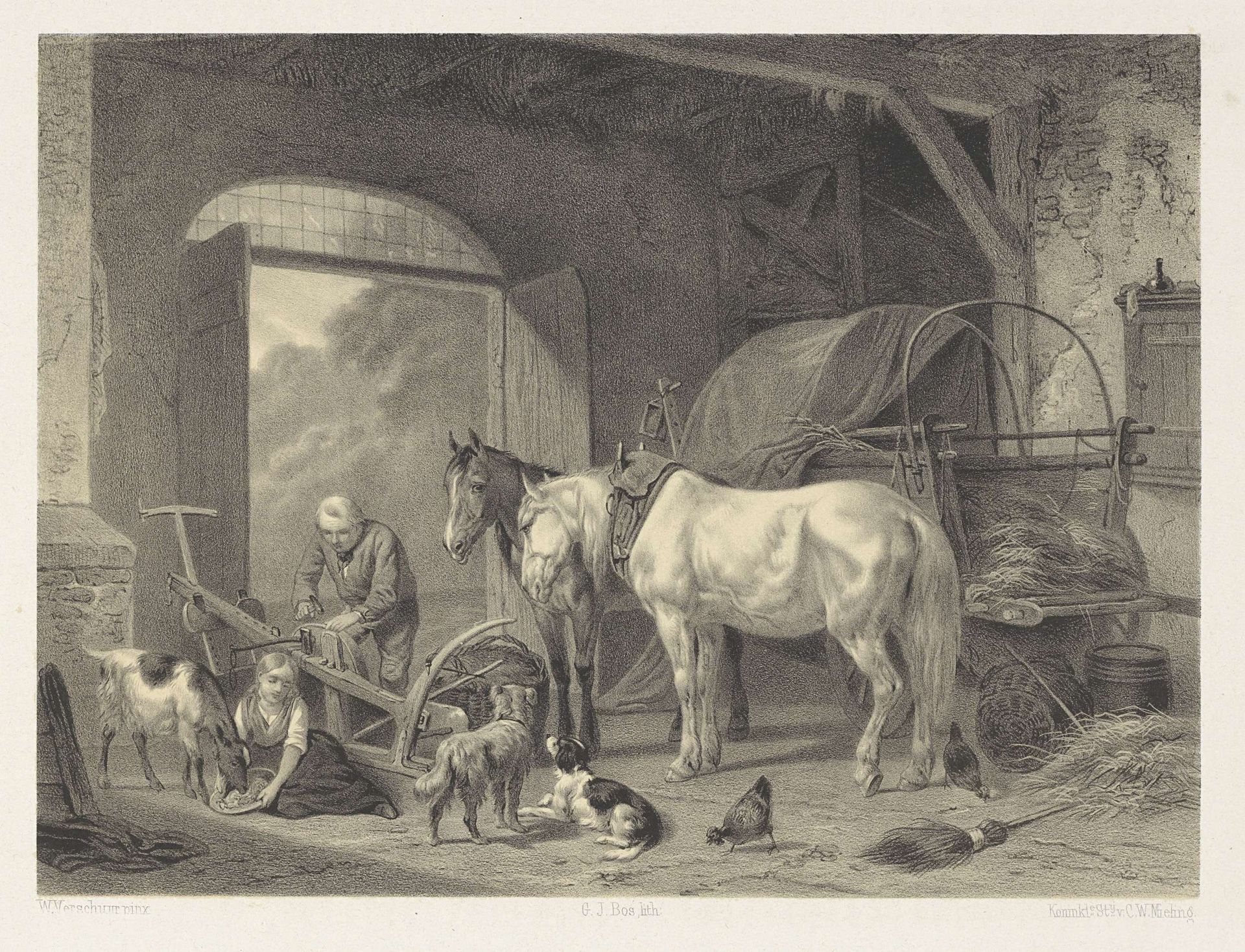 Stal met twee figuren en dieren by Gerardus Johannes Bos