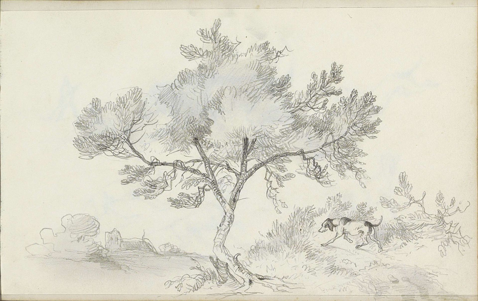 Landschap met een hond op een pad bij een boom by Johannes Tavenraat