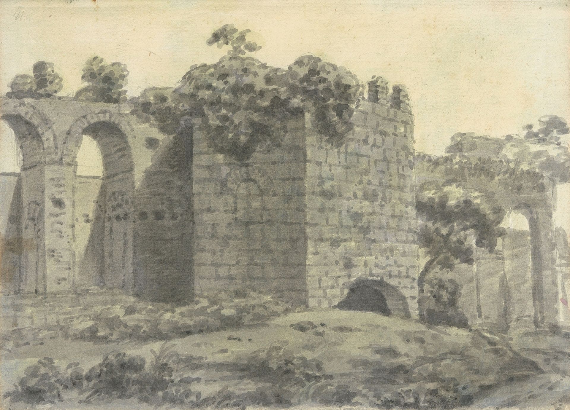 Roman Ruins Including an Arched Aqueduct and Tower by Joseph Wright of Derby