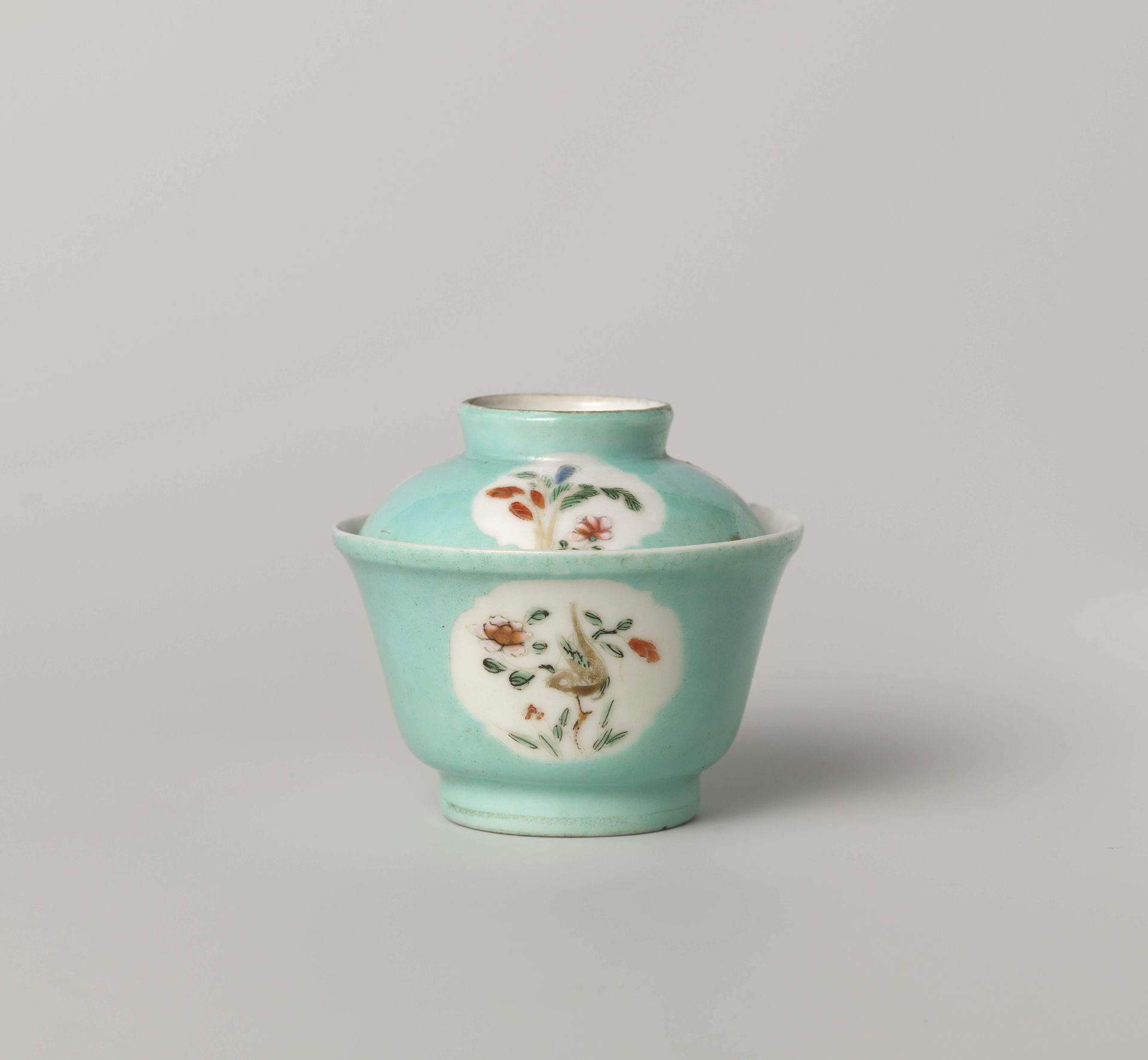 Bell-shaped covered cup with flowering plants in shaped panels by Anonymous