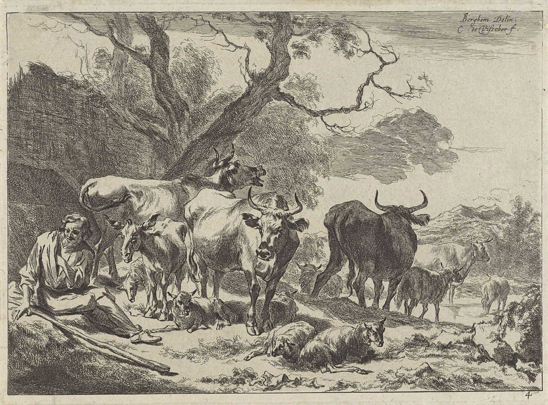 Rustende oude herder met zijn kudde by Cornelis Visscher