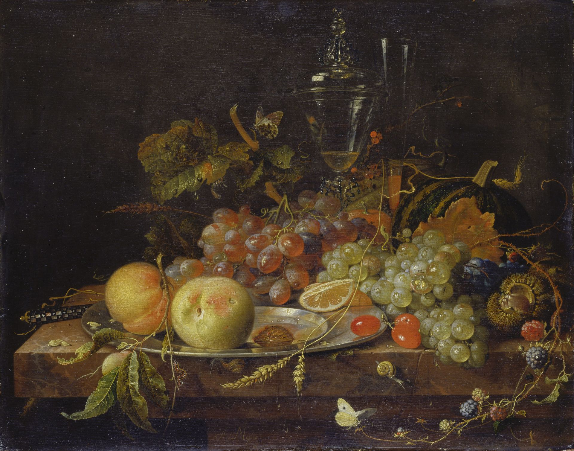Still Life with Fruit, Tin Plate and Wine Glasses by Abraham Mignon