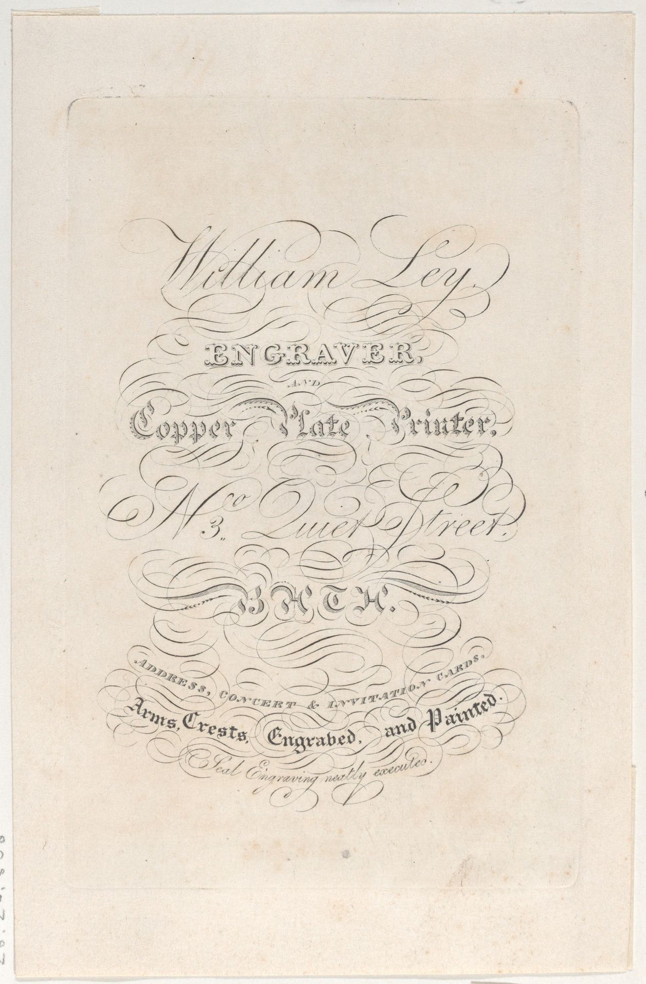 Trade Card for William Ley, Engraver & Copper Plate Printer by Anonymous