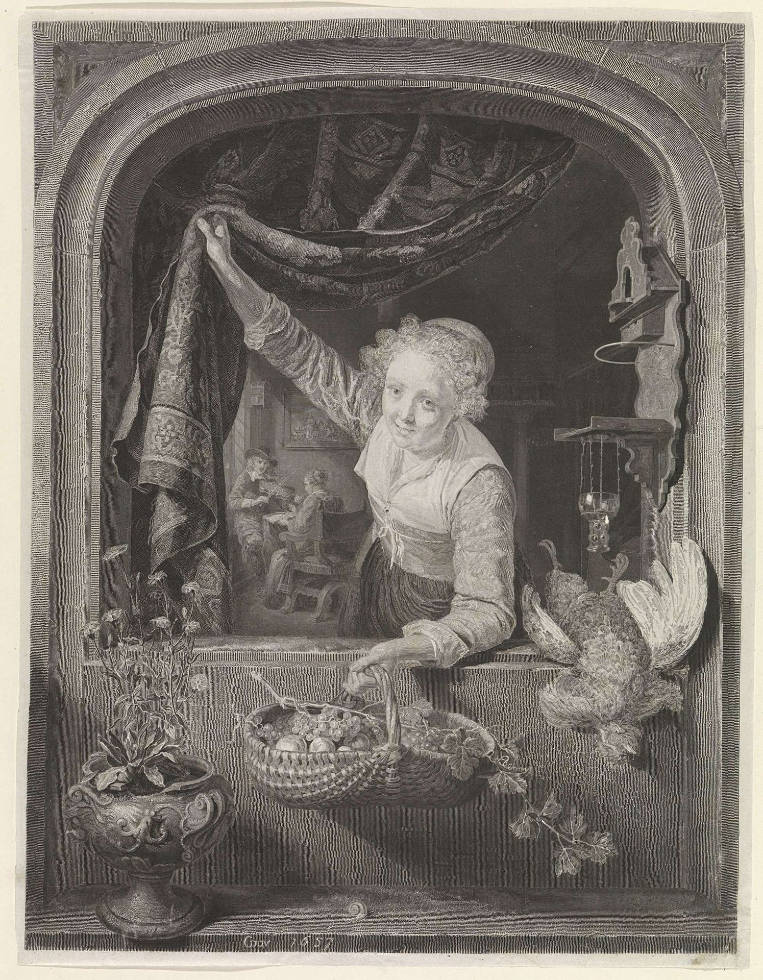 Vrouw met mand met vruchten in de hand bij het raam by Johannes de Mare