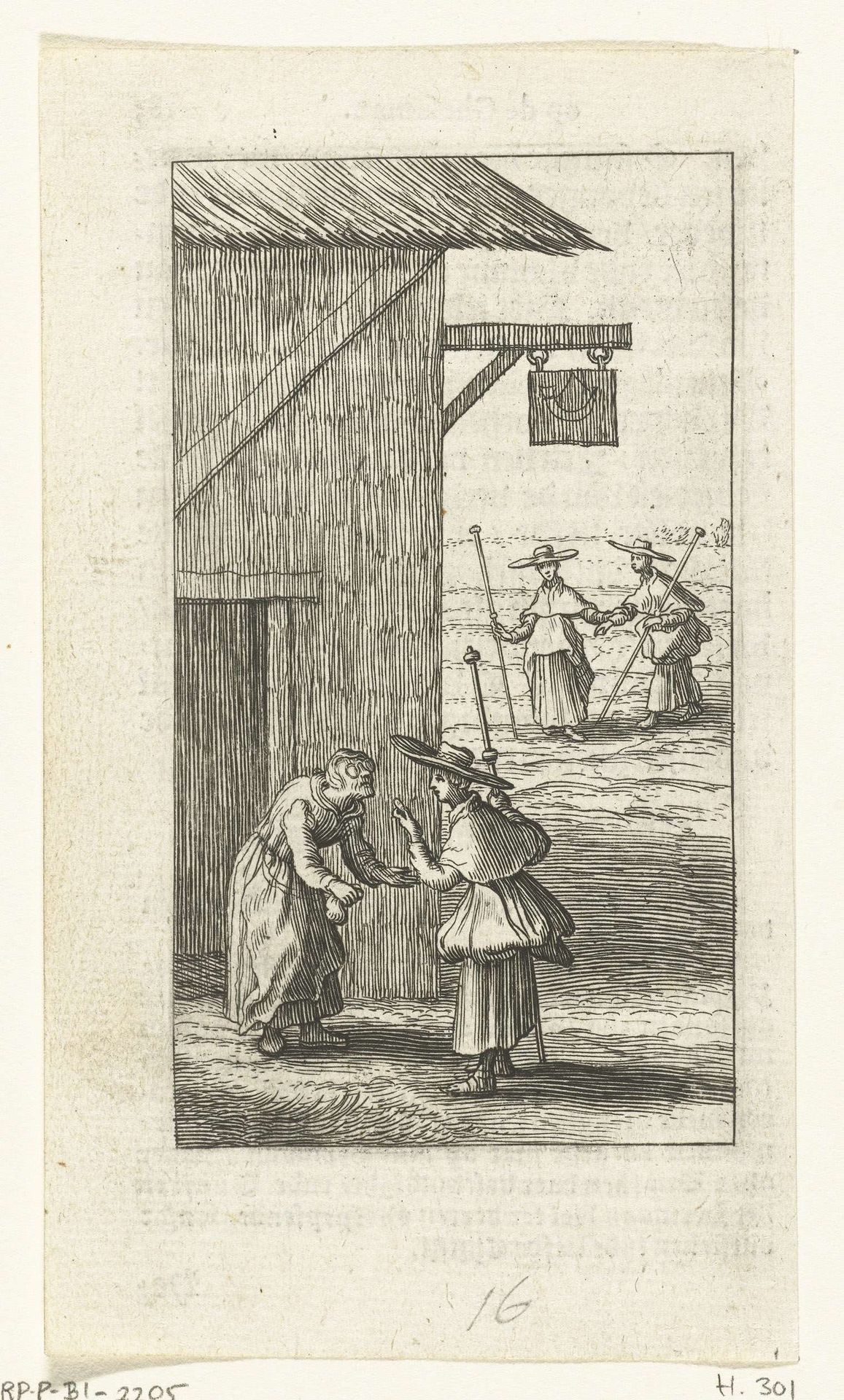 Willemynken en bedelende oude vrouw voor herberg by Boëtius Adamsz. Bolswert