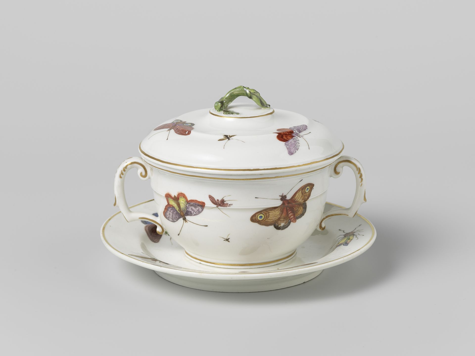 Terrine met onderschotel, beschilderd met vlinders en insecten by Loosdrecht