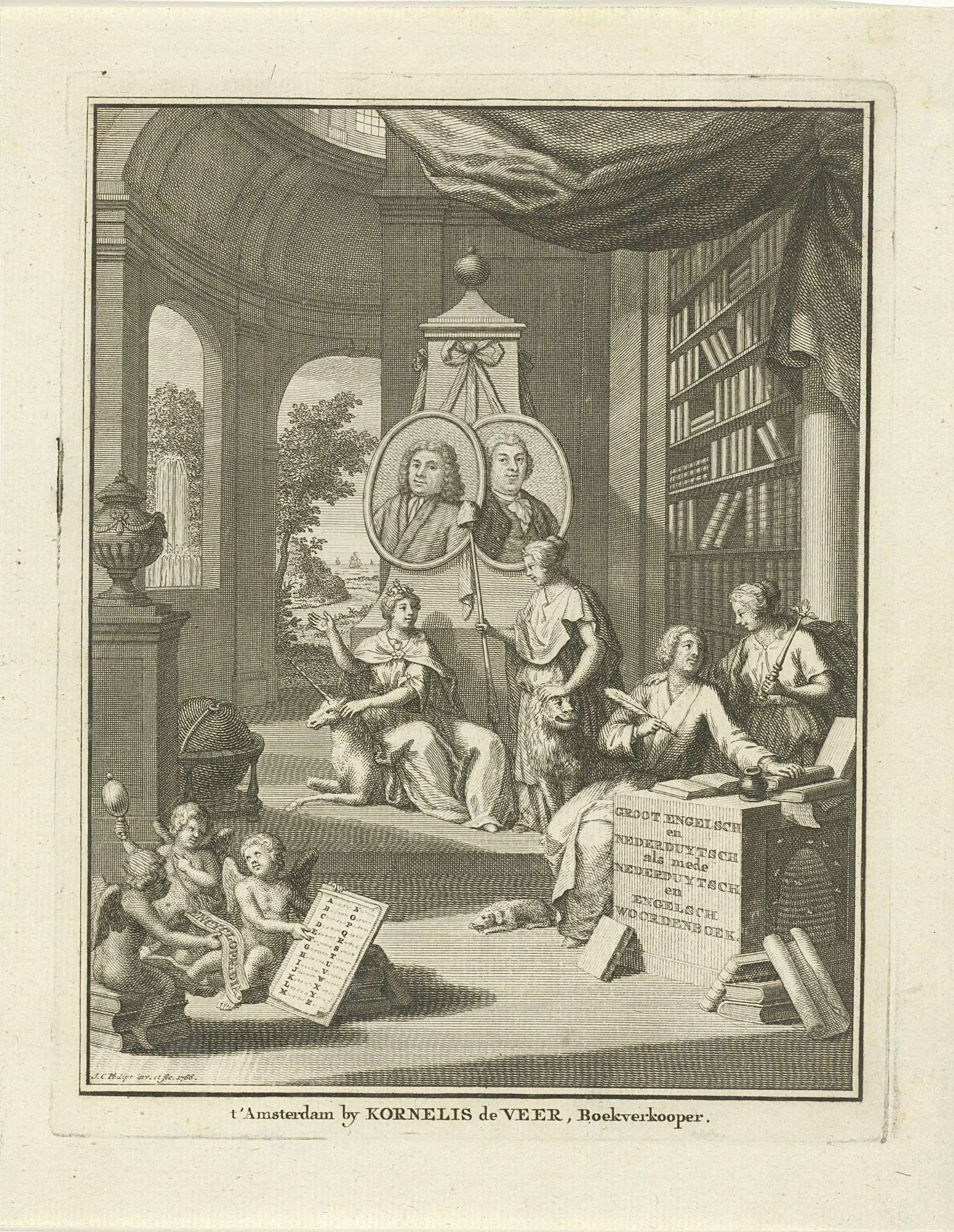 Interieur van bibliotheek waarin de portretten van Willem Sewel en Egbert Buys op een monument by Jan Caspar Philips