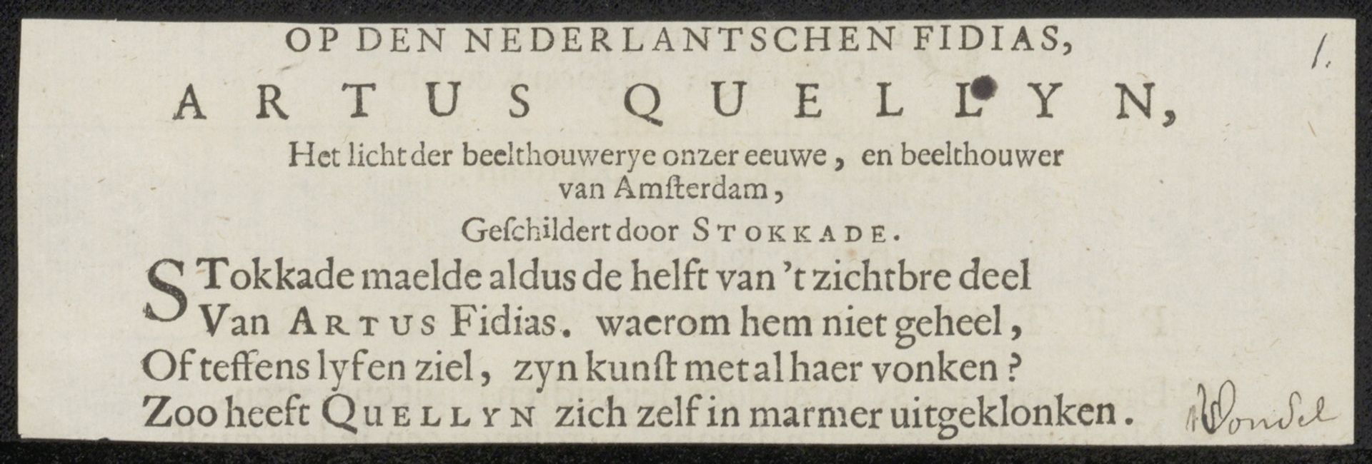 Versregels over Artus Quellinus by Joost van den Vondel