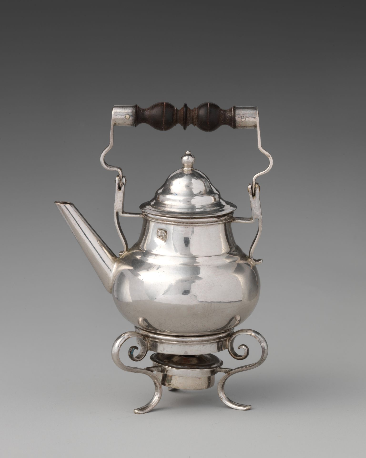 Miniature kettle with cover, stand, and lamp by David Clayton
