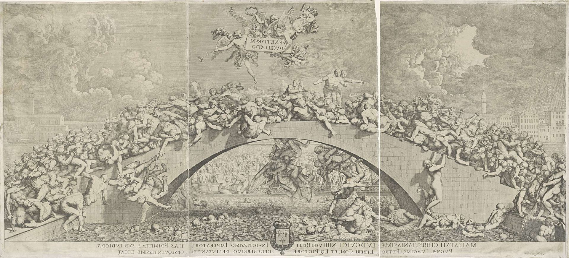Vechtpartij op brug in Venetië by Domenico Rossetti