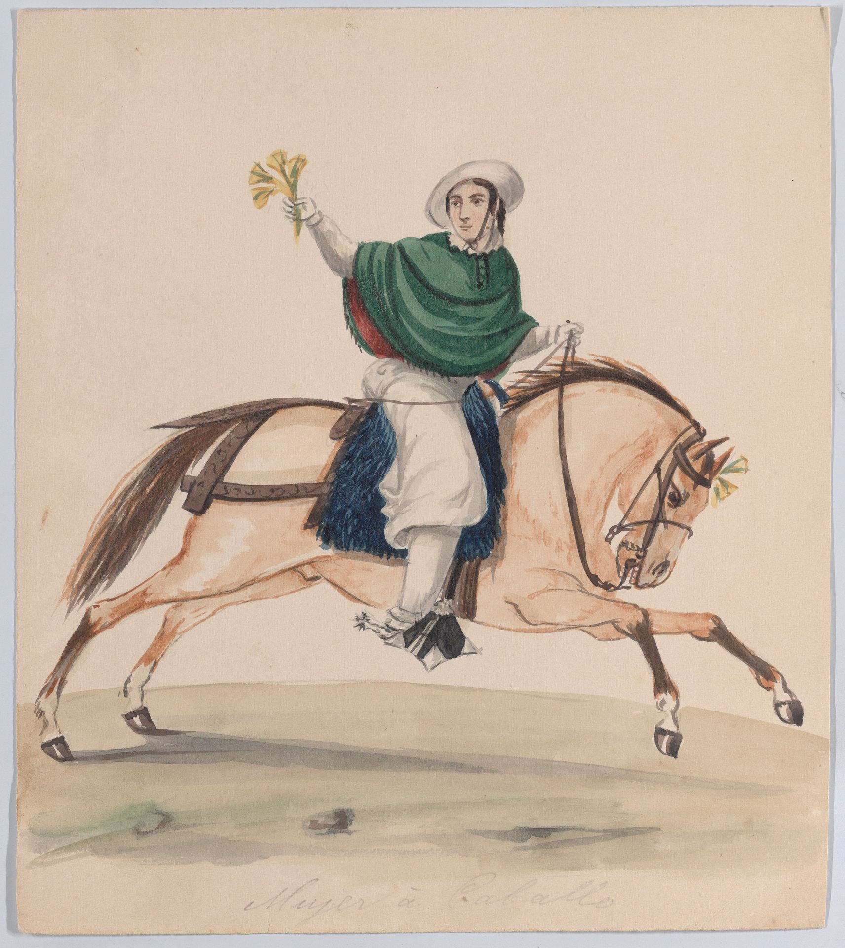 An elegantly dressed woman on horseback, from a group of drawings depicting Peruvian dress by Francisco (Pancho) Fierro