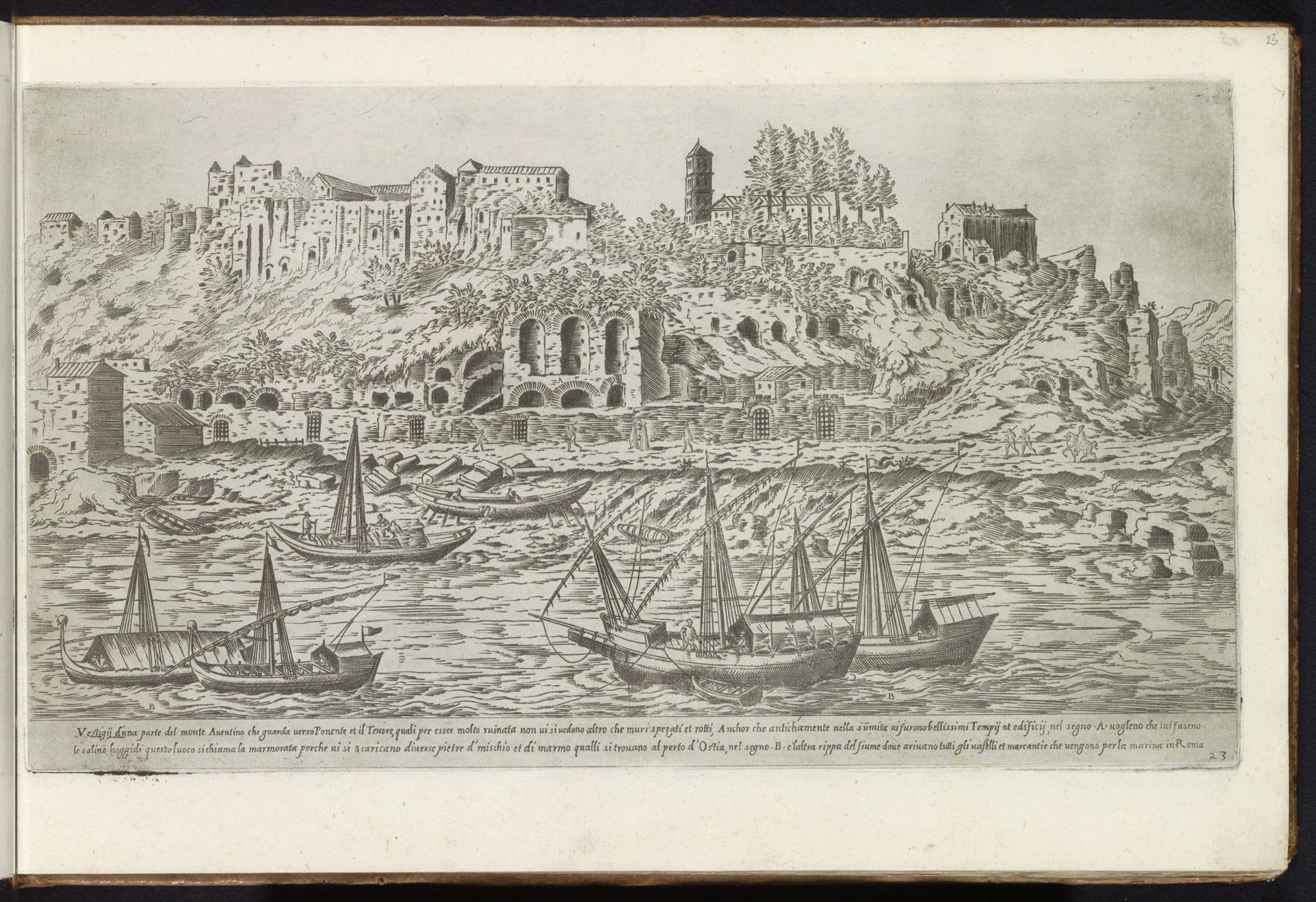 Aventijn langs de Tiber te Rome by Étienne Dupérac