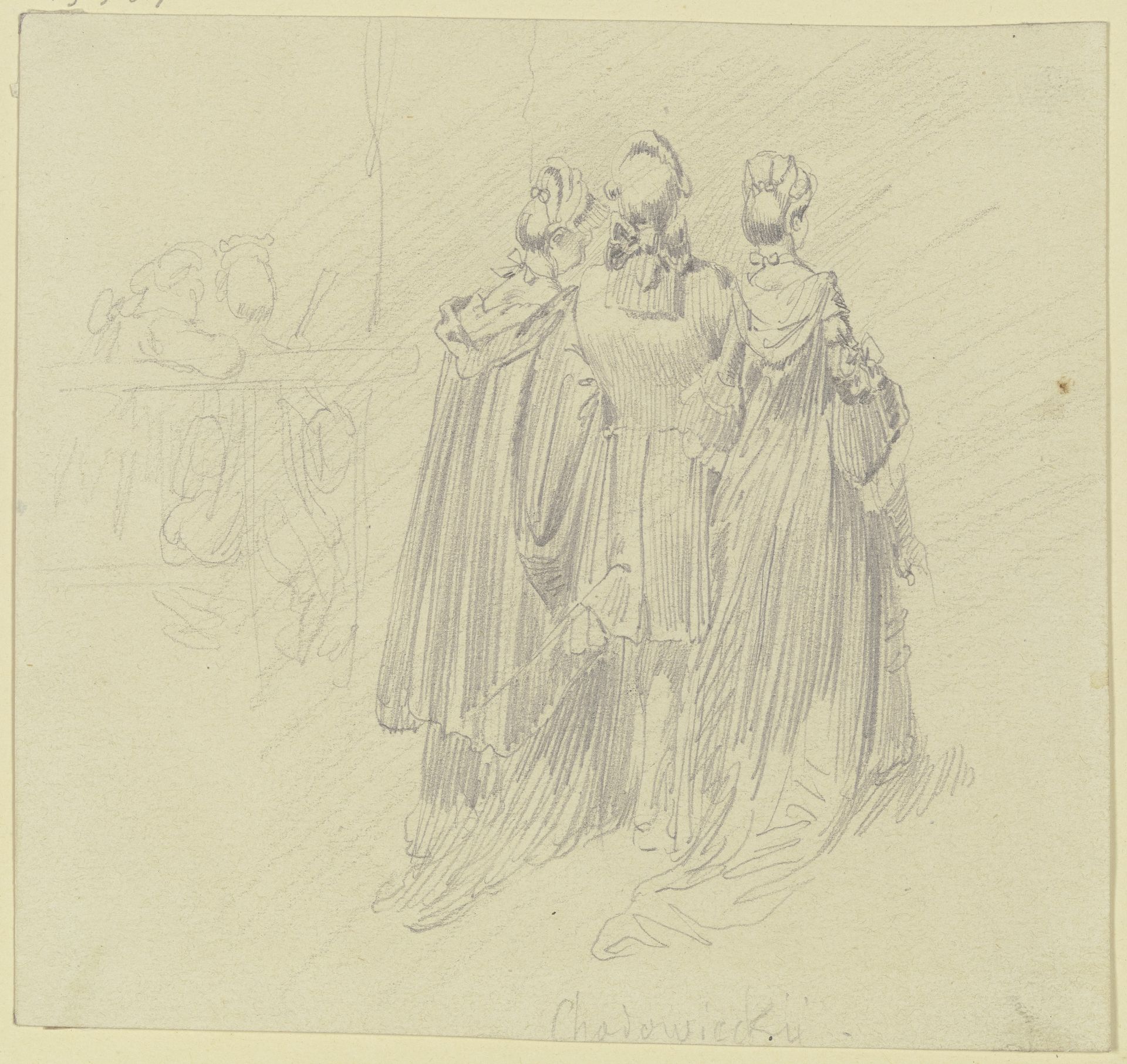 Rokokokavalier mit zwei Damen in Rückenansicht by Wilhelm Busch