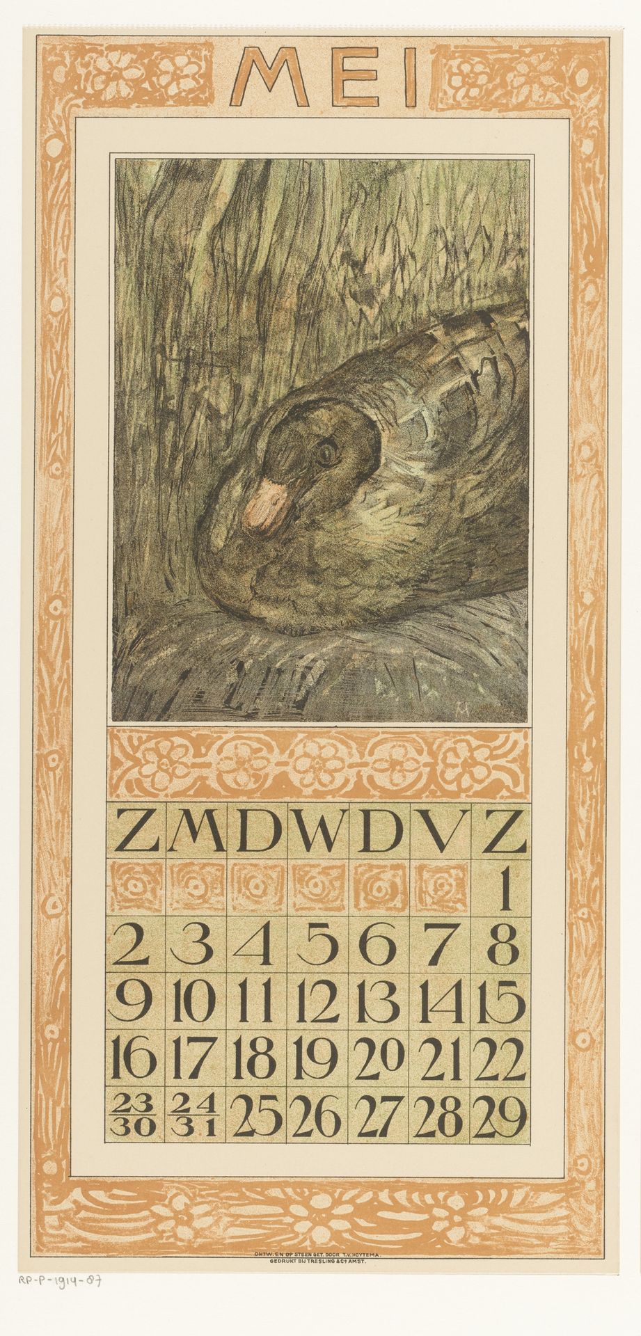 Kalenderblad mei met broedende eend by Theo van Hoytema