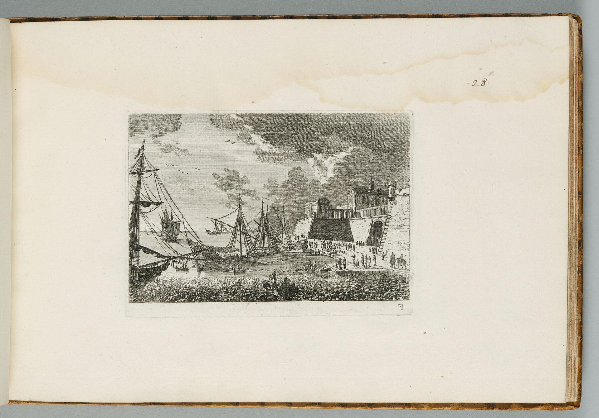 Harbor Scene with a City above, Fortifications at Right by Adam Perelle