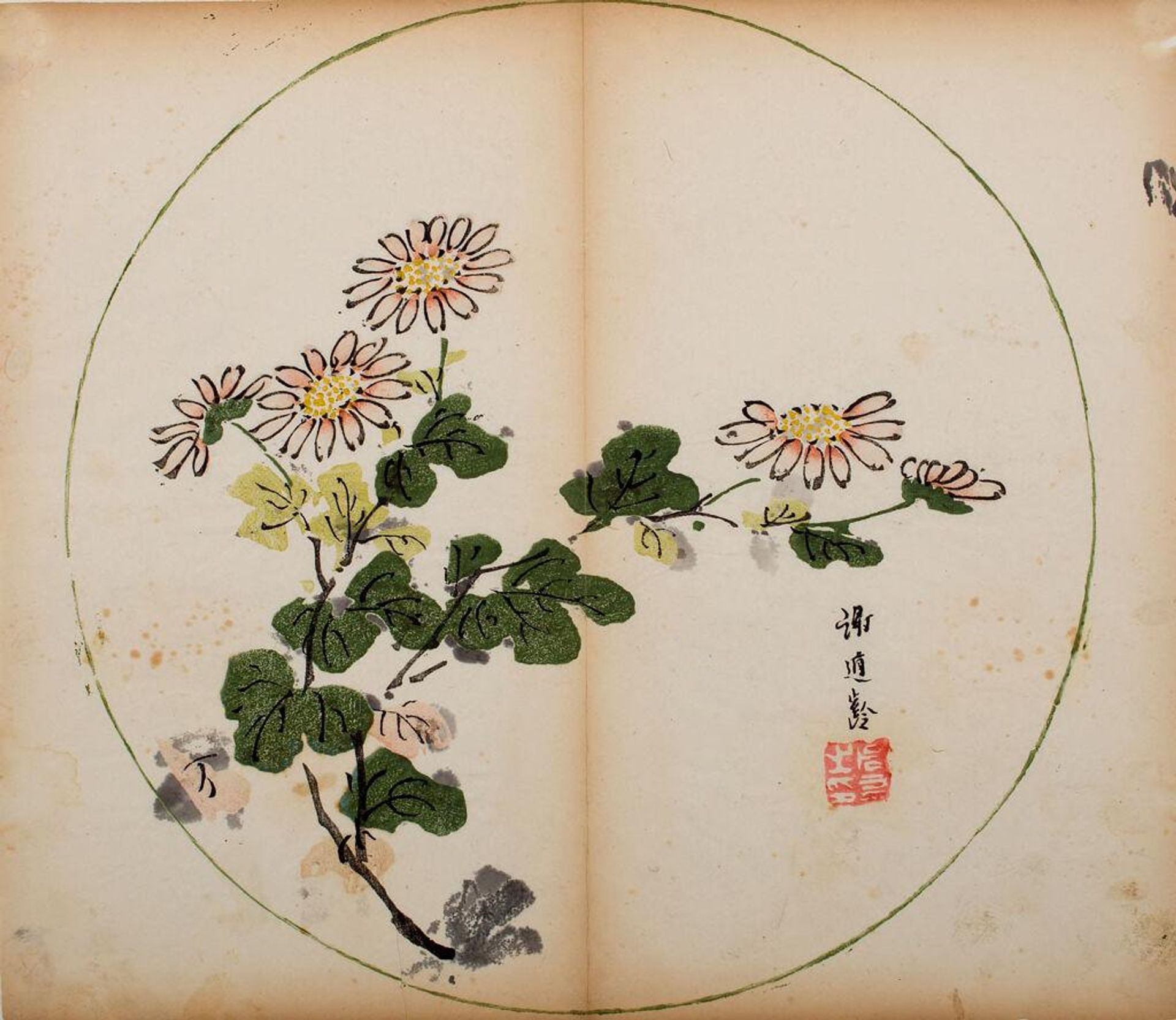 Flowering Branch in Circular Fan Shape -- Illustration from the Ten Bamboo Studio Manual of Calligraphy and Painting (Shizhuzhai shuhua pu) by Hu Zhengyan