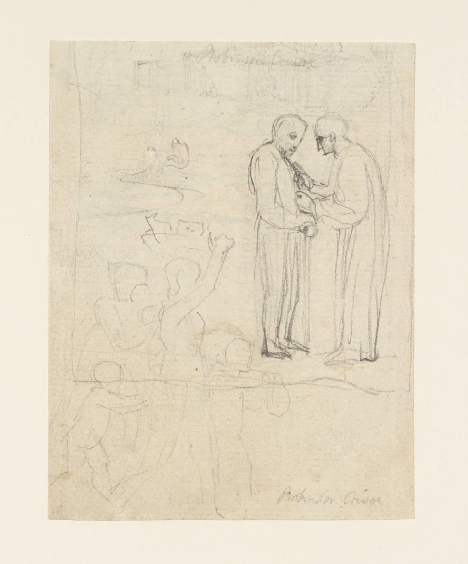 Sketch for ‘Robinson Crusoe’: Two Men Conversing, and Other Figures. Verso: Sketches of a Woman and Child by Thomas Stothard