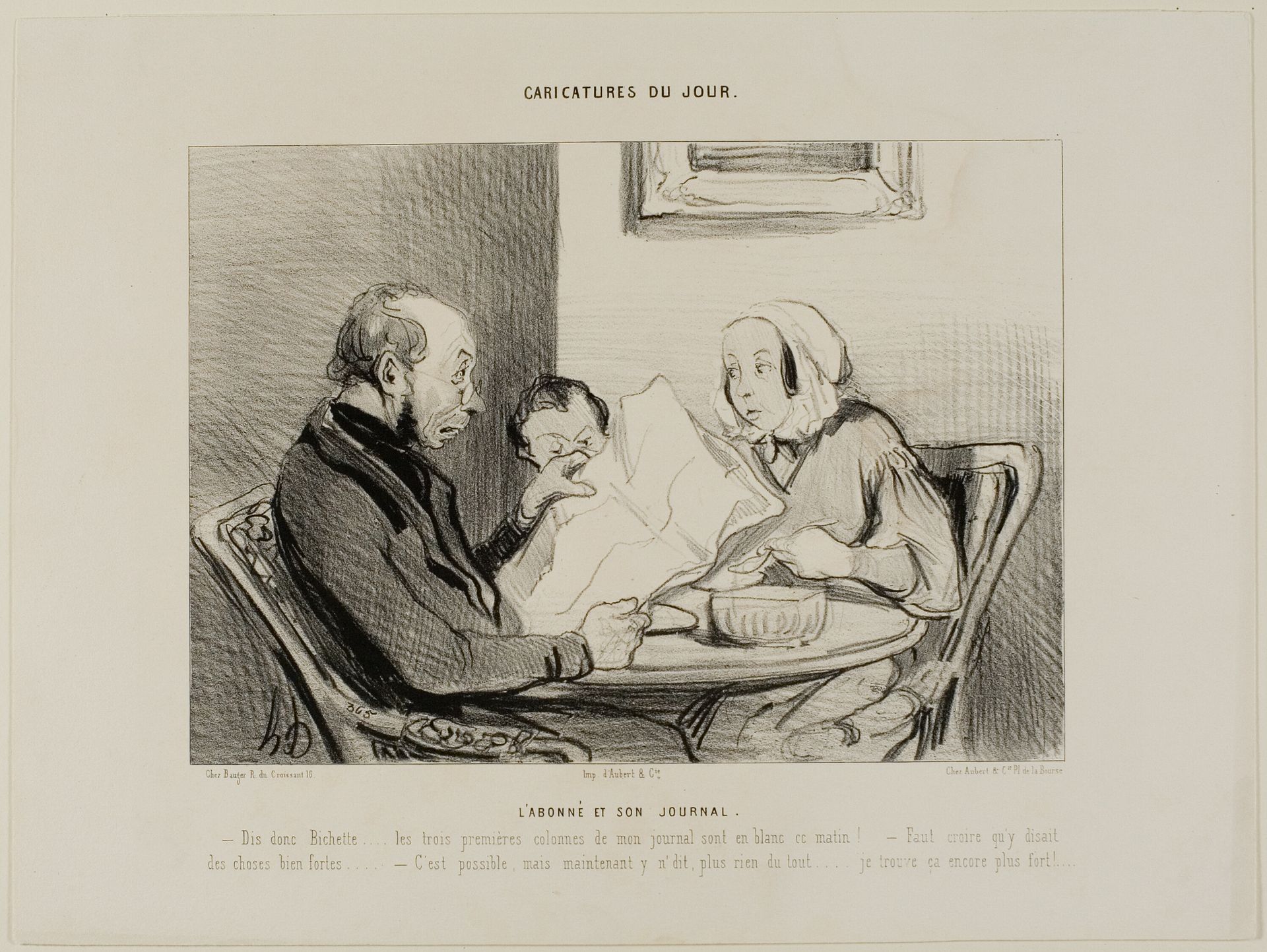 The Subscriber and His Newspaper. “- Listen darling, the first three columns of my morning paper are completely empty! It seems that they must have really said some nasty things. - May quite well be, but now that you mention it, to write nothing at all, I find that even more nasty!,” plate 2 from Caricatures Du Jour by Honoré Daumier
