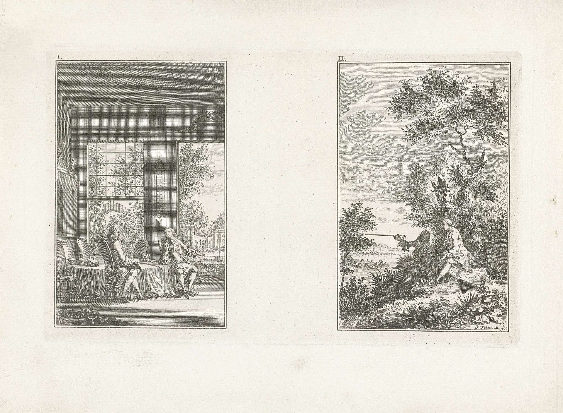 Twee heren in een vertrek, en twee heren in de natuur by Simon Fokke