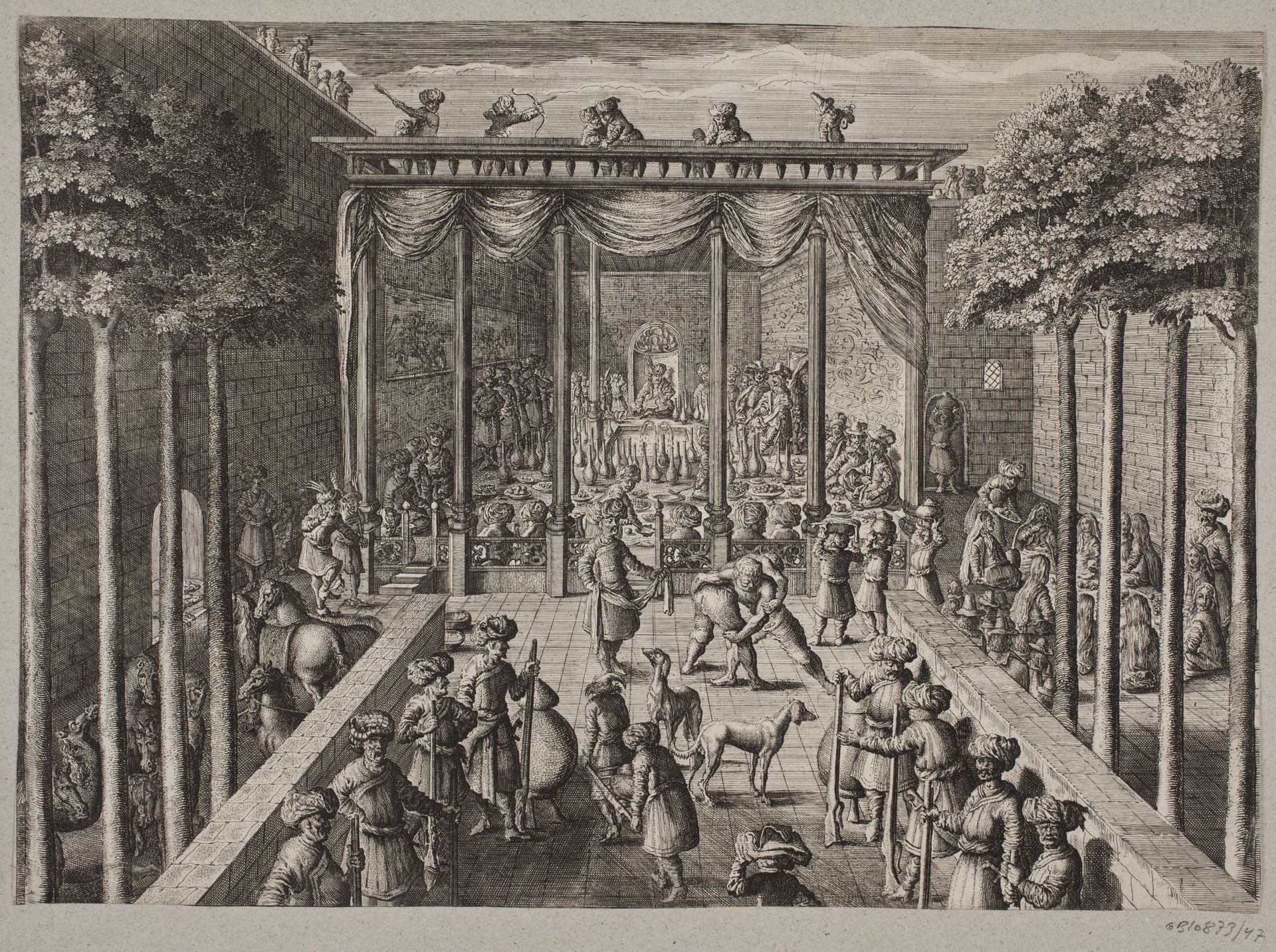 Banket i orientalsk gårdhave. Forrest skytter og mænd i brydekamp by Anonymous