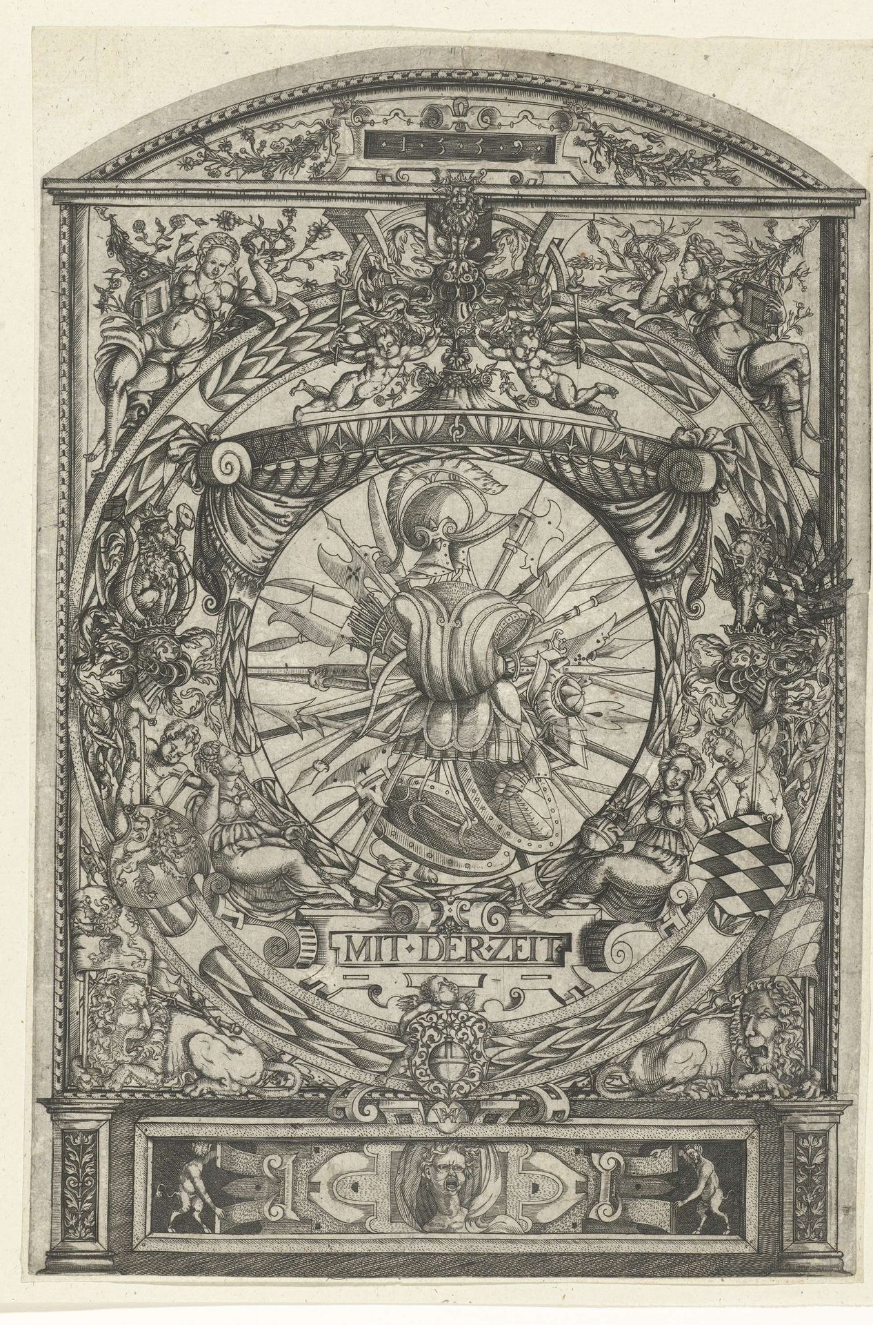 Medaillon met wapentrofee in ornamentale omlijsting by Hieronymus Wechinger