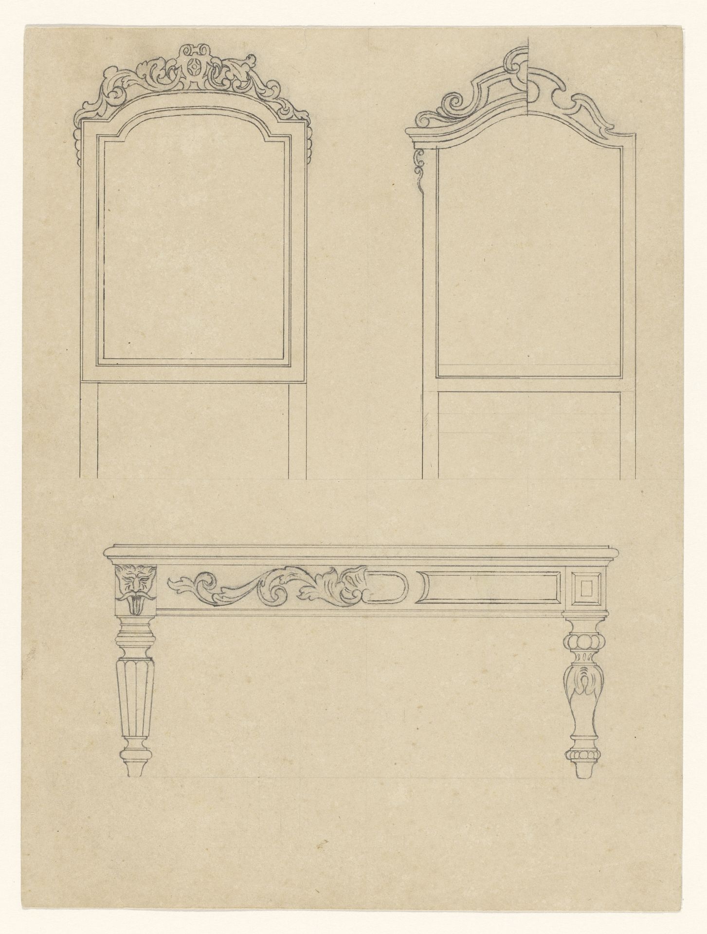 Ontwerp voor twee spiegels en een tafel, de rechter spiegel en de tafel met alternatieven voor rechts en links by Joseph Kusterer