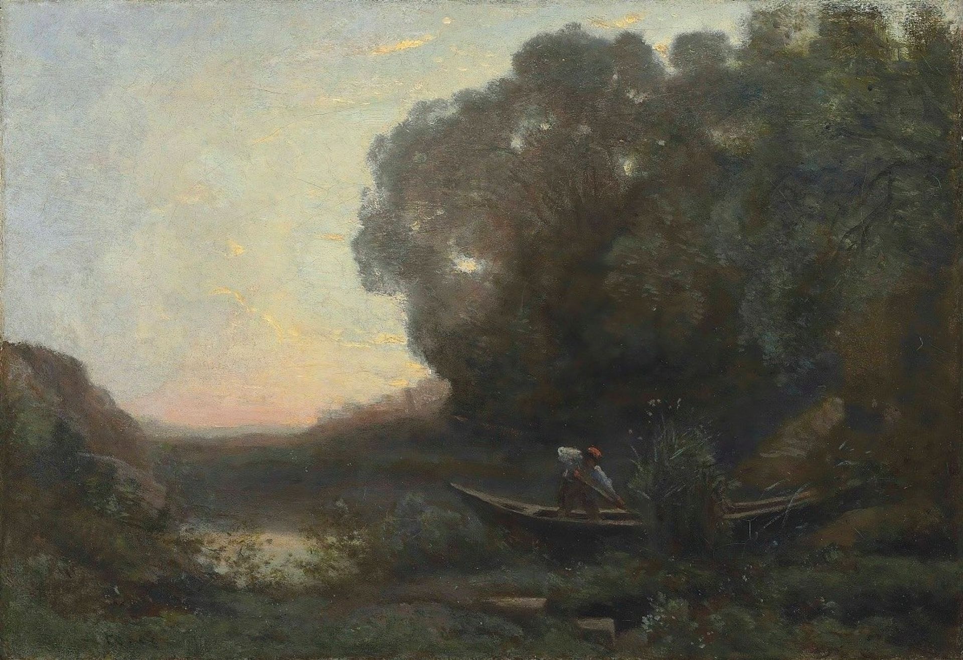 Le batelier à la rive. Soleil couchant by Camille Corot