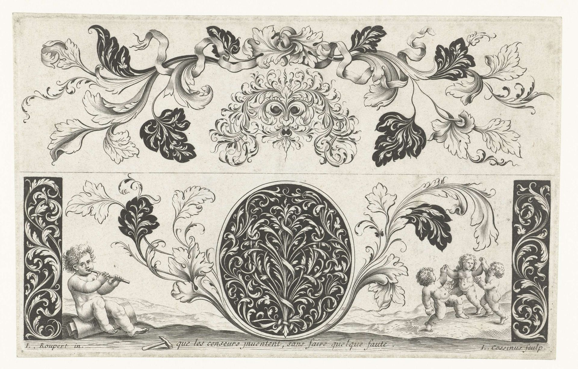 Masker en medaillon geflankeerd door bladranken by Louis Cossin